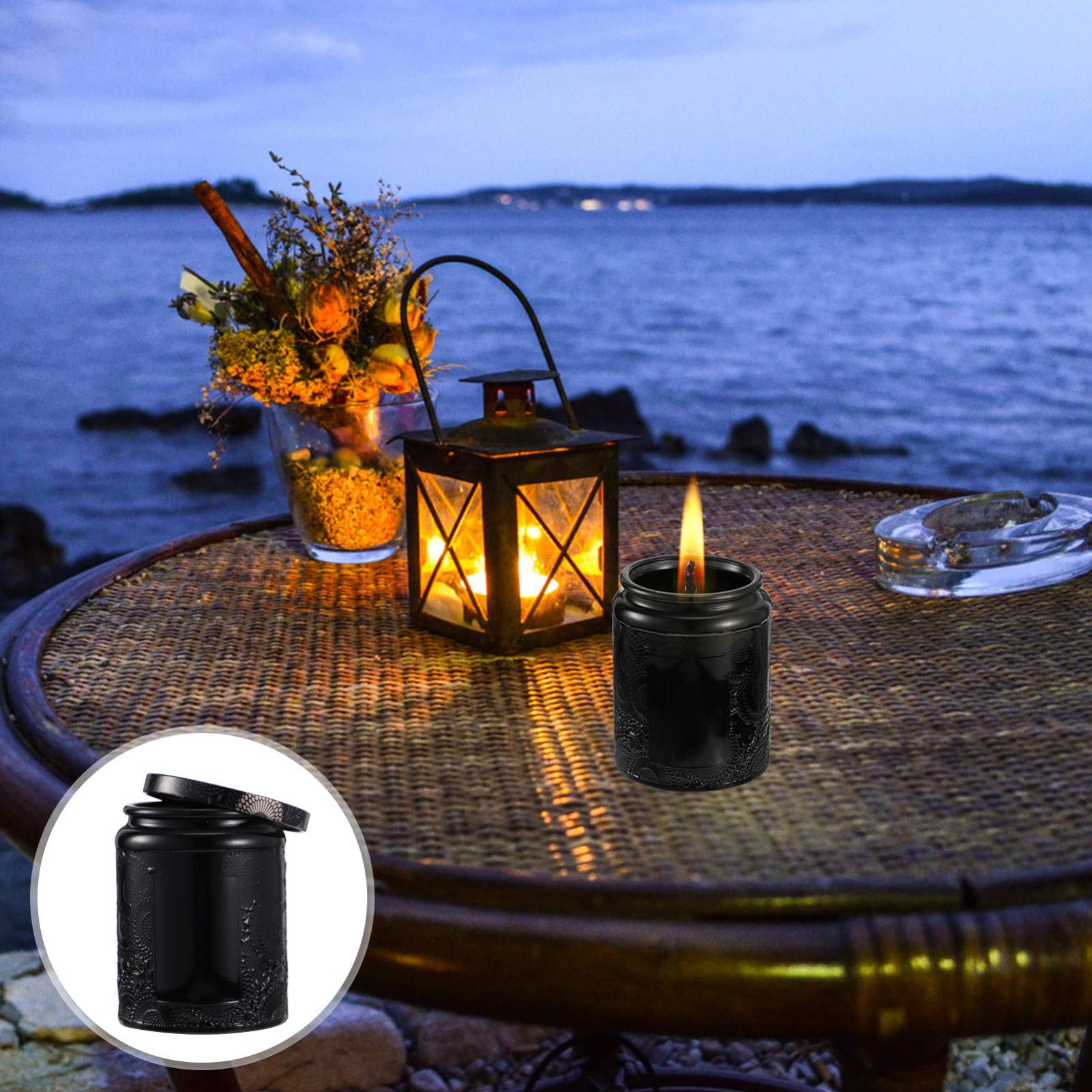 EXCEART 6-Piece Glass Candle Jars with Lids - Embossed Round Canning Storage Containers for Candle Making, Jam, Lotion & Party Favors - Retro Black Decor for Home, Kitchen & DIY Crafts