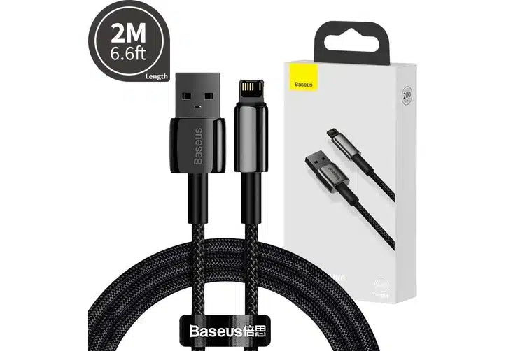 Baseus Tungsten Fast Charging Cable - Lightning to USB 2.4A 2Meter (6.6ft) Durable Braided Charger for iPhone iPad - Perfect for Home, Office & Travel