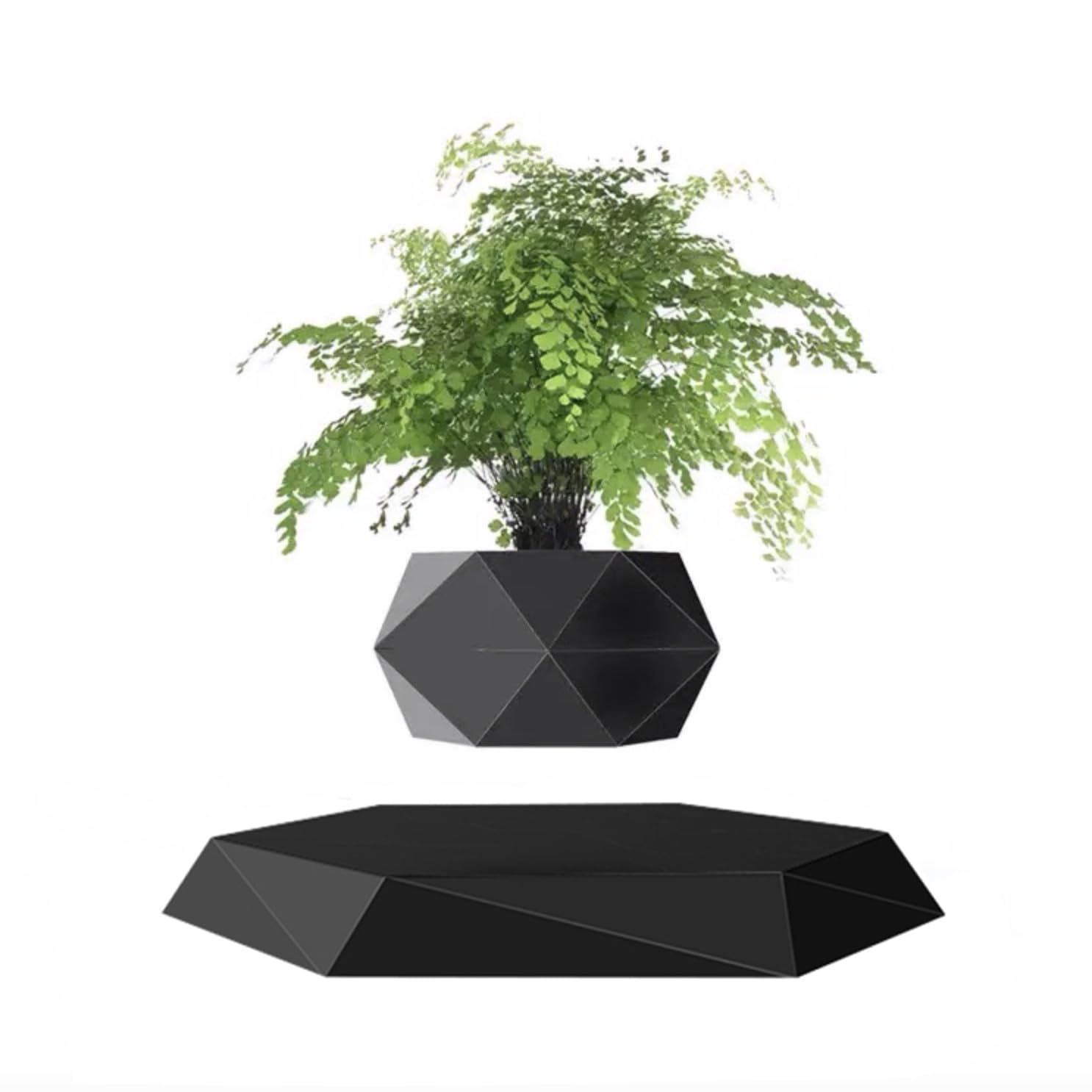 Floating Magnetic Levitating Flower Pot - Black Hexagon Air Bonsai Planter with 360° Rotation | Unique Home & Office Desk Decor for Modern Spaces