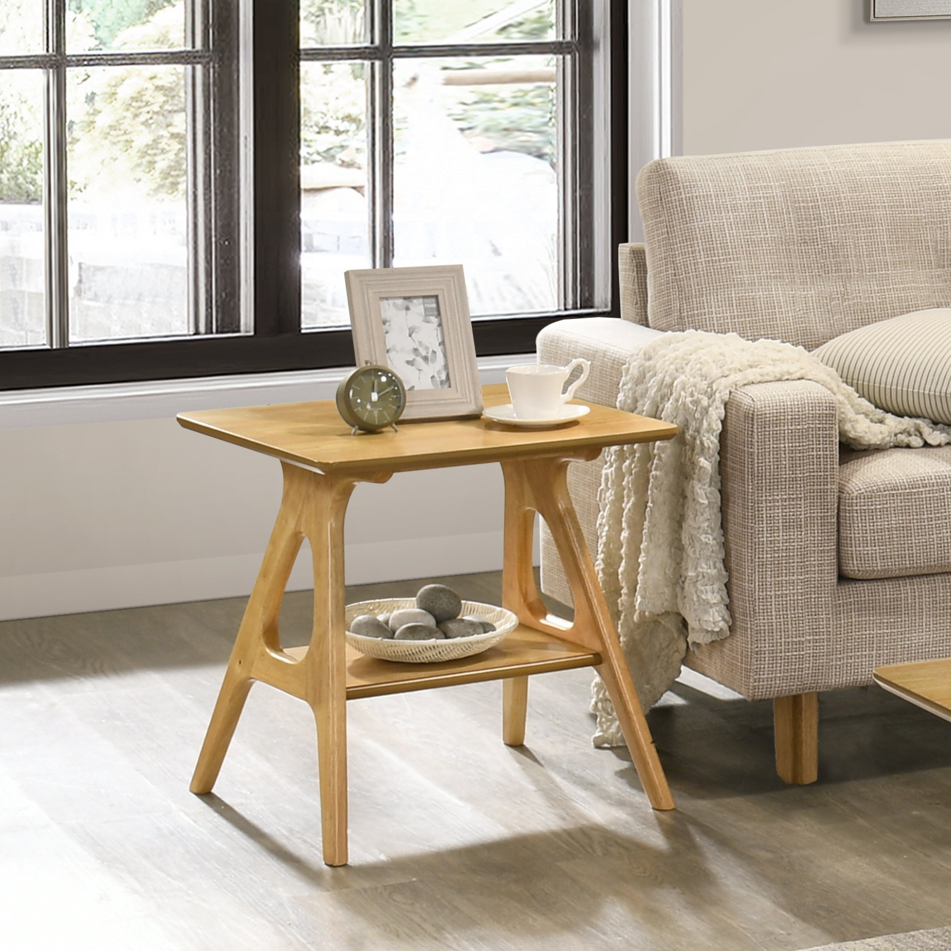 Roundhill Furniture Arona Mid Century Modern Wood Shelf End Table - Stylish Living Room Side Table with Storage for Books & Decor | Perfect for Small Spaces, Apartments & Bedrooms