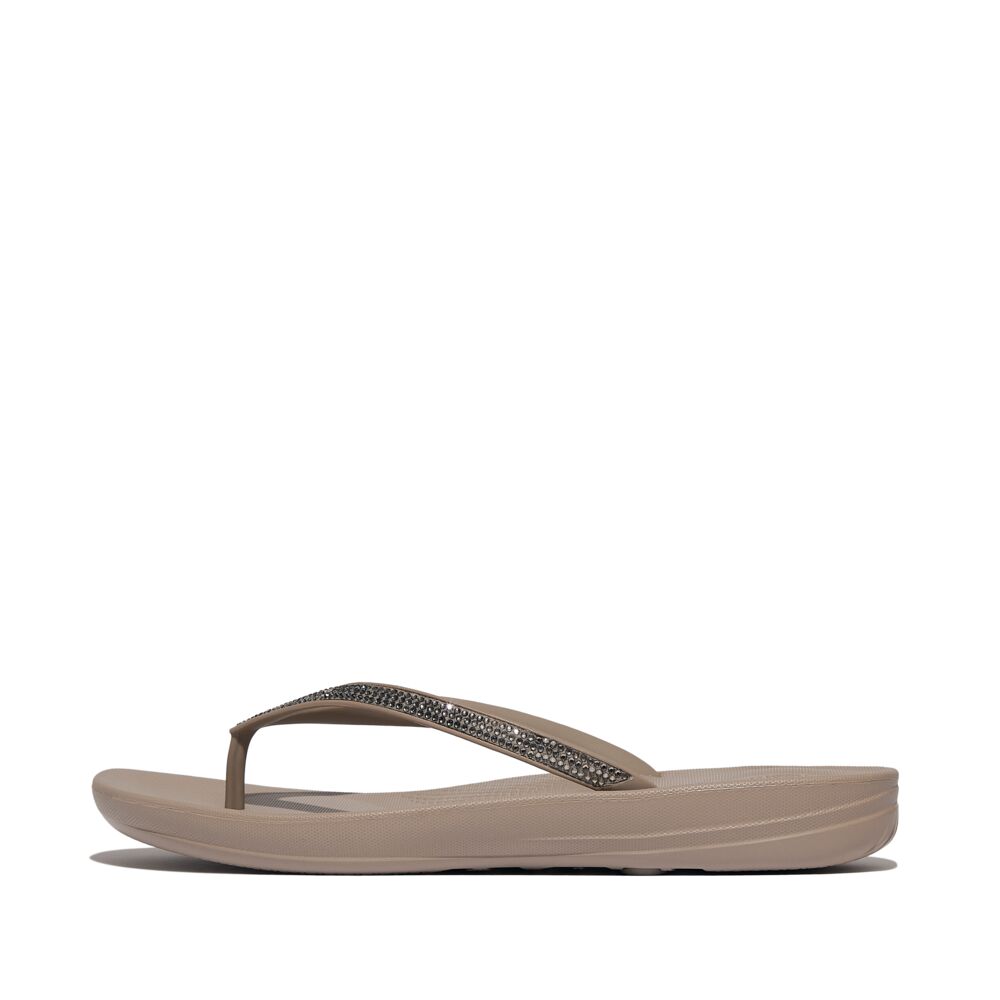 FitFlop Iqushion Sparkle Ombre Flip Flops Sandals for Women - Comfortable Orthopedic Beach Shoes with Metallic Finish in Taupe/Pewter | Perfect for Summer, Poolside, and Vacation Wear