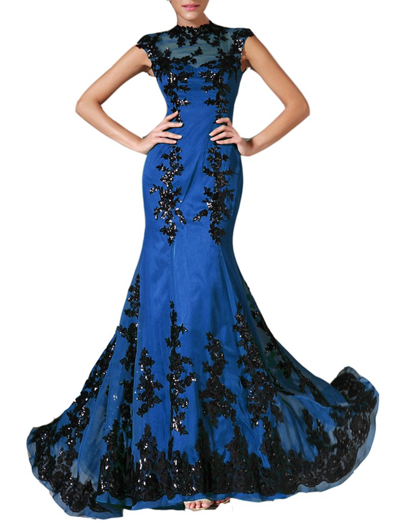 Emanni Women's Elegant High Neck Sheer Sleeveless Applique Formal Evening Gown for Prom, Wedding, Cocktail Party & Special Occasions