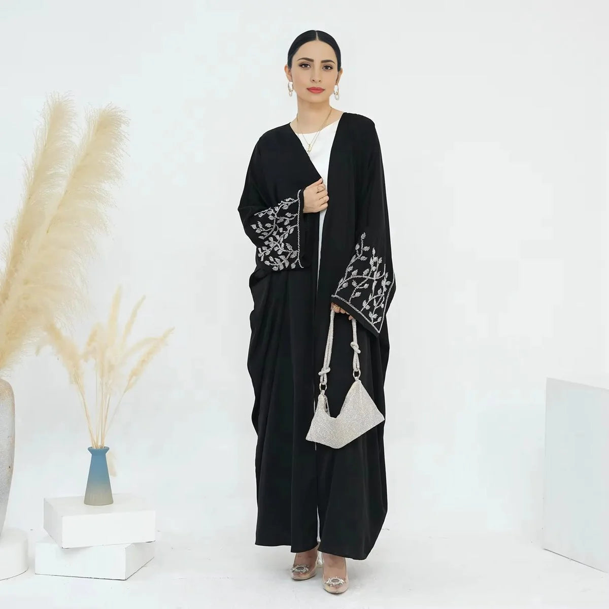 Elegant Beaded Cuff Cardigan Open Abaya Dress #24862 - Boho Chic Muslim Fashion for Women, Perfect for Prayer, Parties & Special Occasions