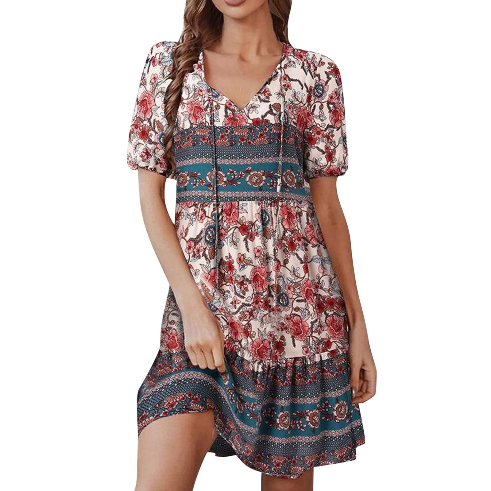 Boho Floral Print Women's Maxi Shirt Dress with Tie-Up Detail & Short Sleeves - Casual Summer Midi Dress for Beach Vacation, Date Night and Outdoor Parties