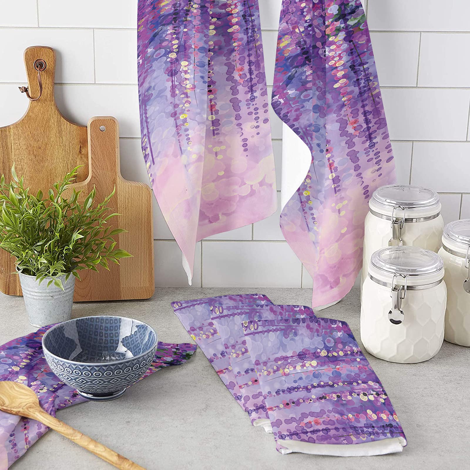 Premium 2-Pack Wisteria Flower Dish Towels Set | Absorbent Soft Cotton Kitchen Towels with Watercolor Floral Art Design | Perfect for Dish Drying, Bar Cleaning & Tea Time (Purple Abstract Fantasy Pattern)