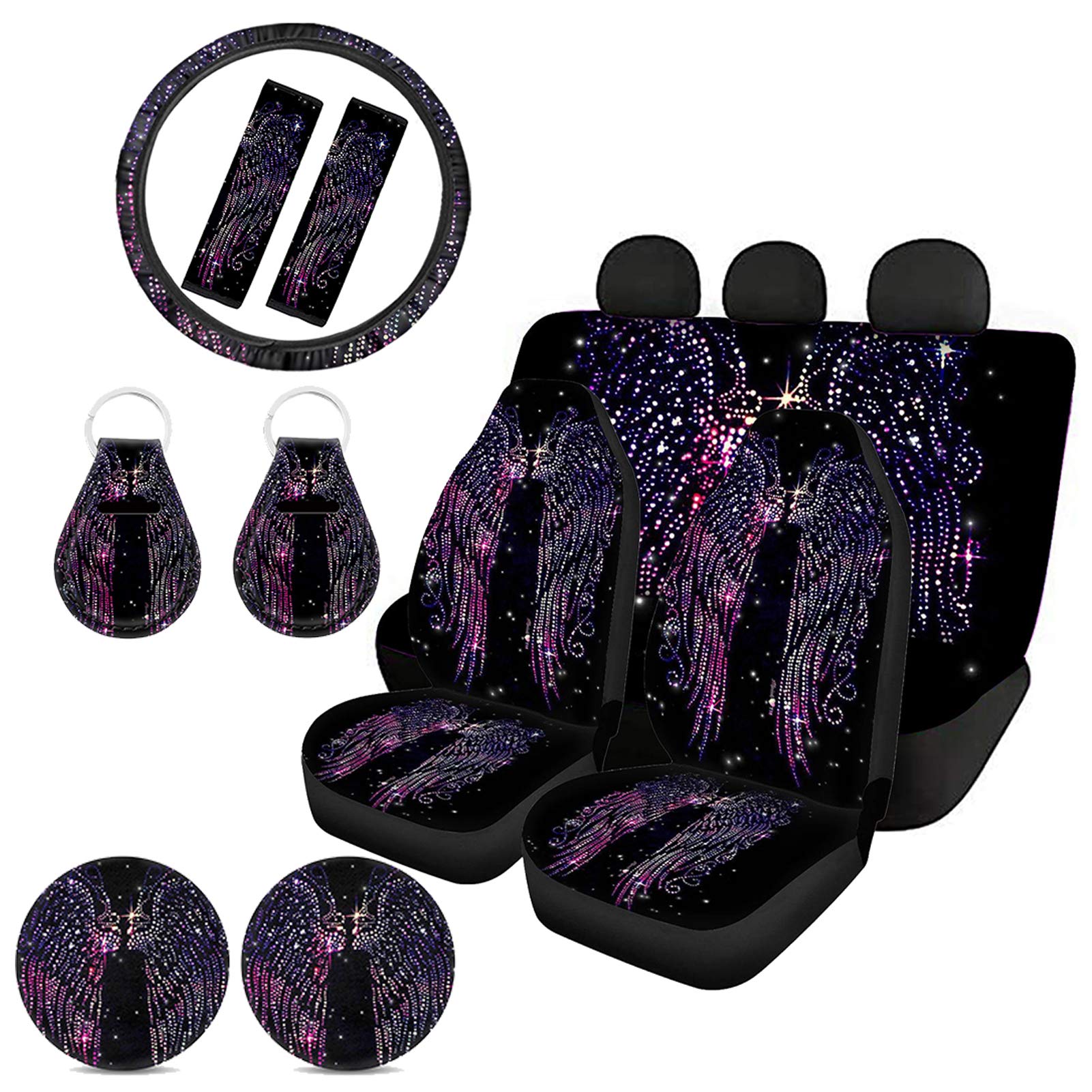 Xhuibop Angel Wings Car Seat Covers - Universal Black SUV Seat Covers Set with Neon Steering Wheel Cover & 11-Piece Cup Coasters (Women's Car Accessories) - Perfect for Road Trips & Stylish Interior Upgrades