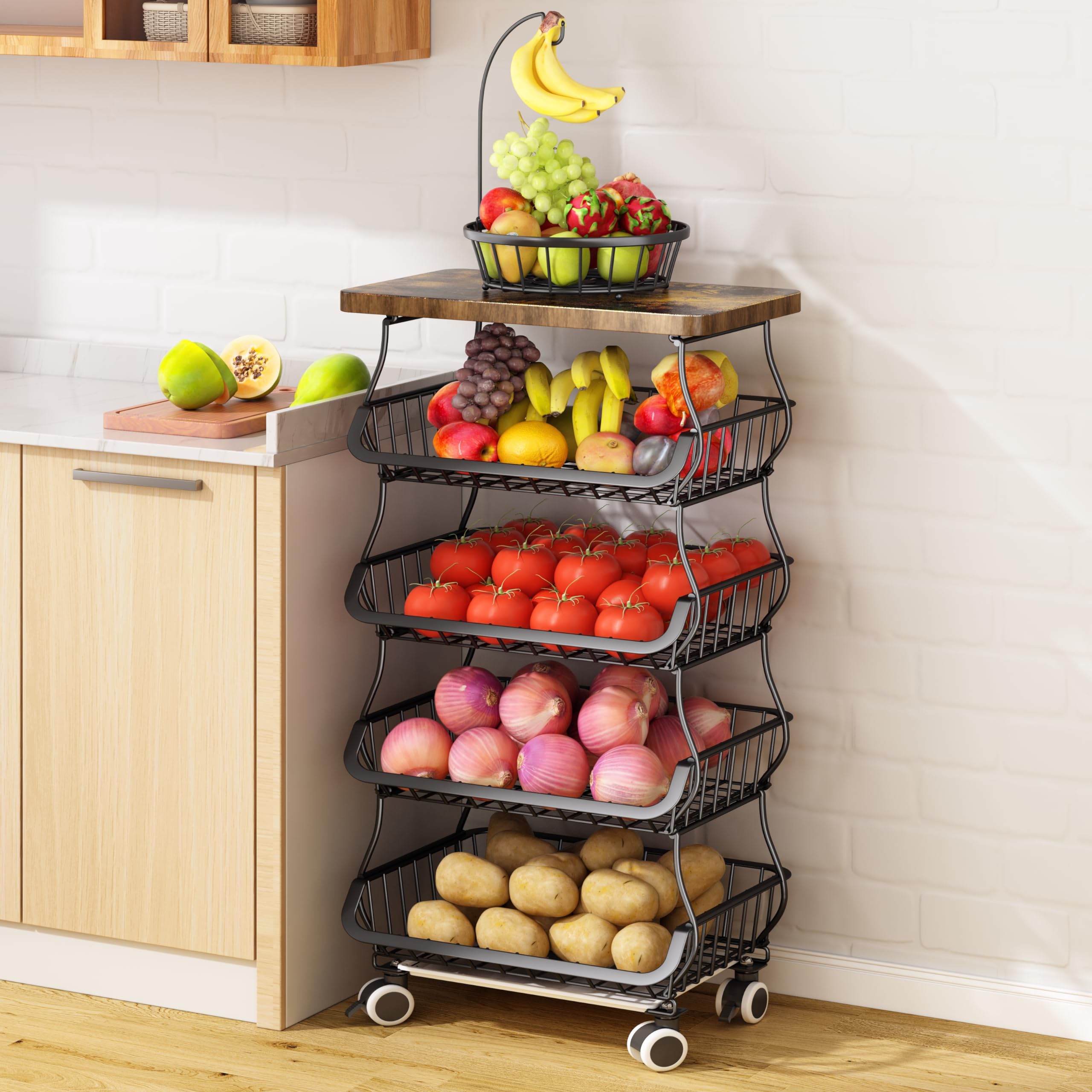 Wooden Top Metal Wire Basket Stand - Stackable Kitchen Pantry Organizer for Fruits, Vegetables, Snacks, Jars & Containers | Black Storage Cart for Home, Office or Restaurant Use