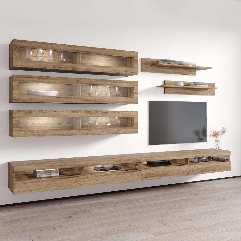 Modern Floating TV Stand with Storage & LED Lights - Wall-Mounted Entertainment Center for Bedroom & Living Room - Oak Wood TV Console with Shelves - Perfect for Small Spaces & Home Theater Setup