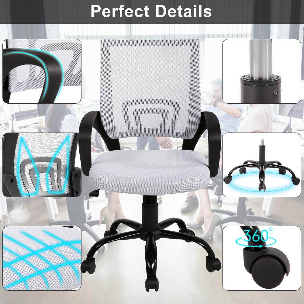Ergonomic Office Chair with Lumbar Support - Adjustable Height Mesh Computer Desk Chair with Armrests - Modern Swivel Task Chair for Women & Men - White - Perfect for Home Office, Gaming & Workspaces