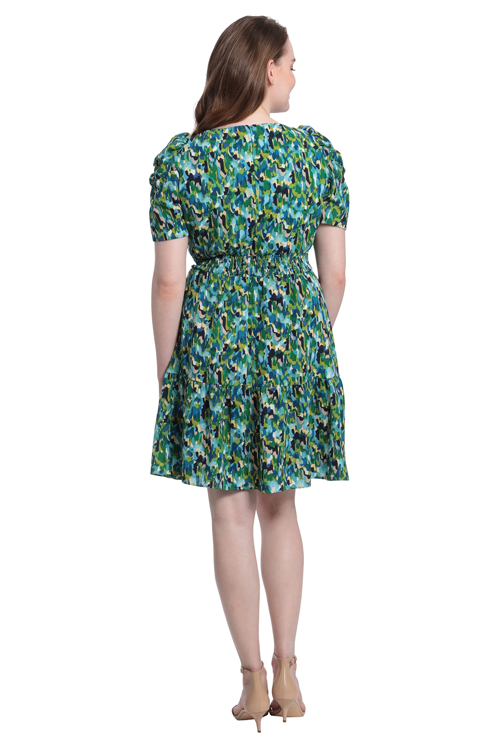 London Times Women's Smocked Dress with Bow - Elegant Puff Sleeve for Parties & Events