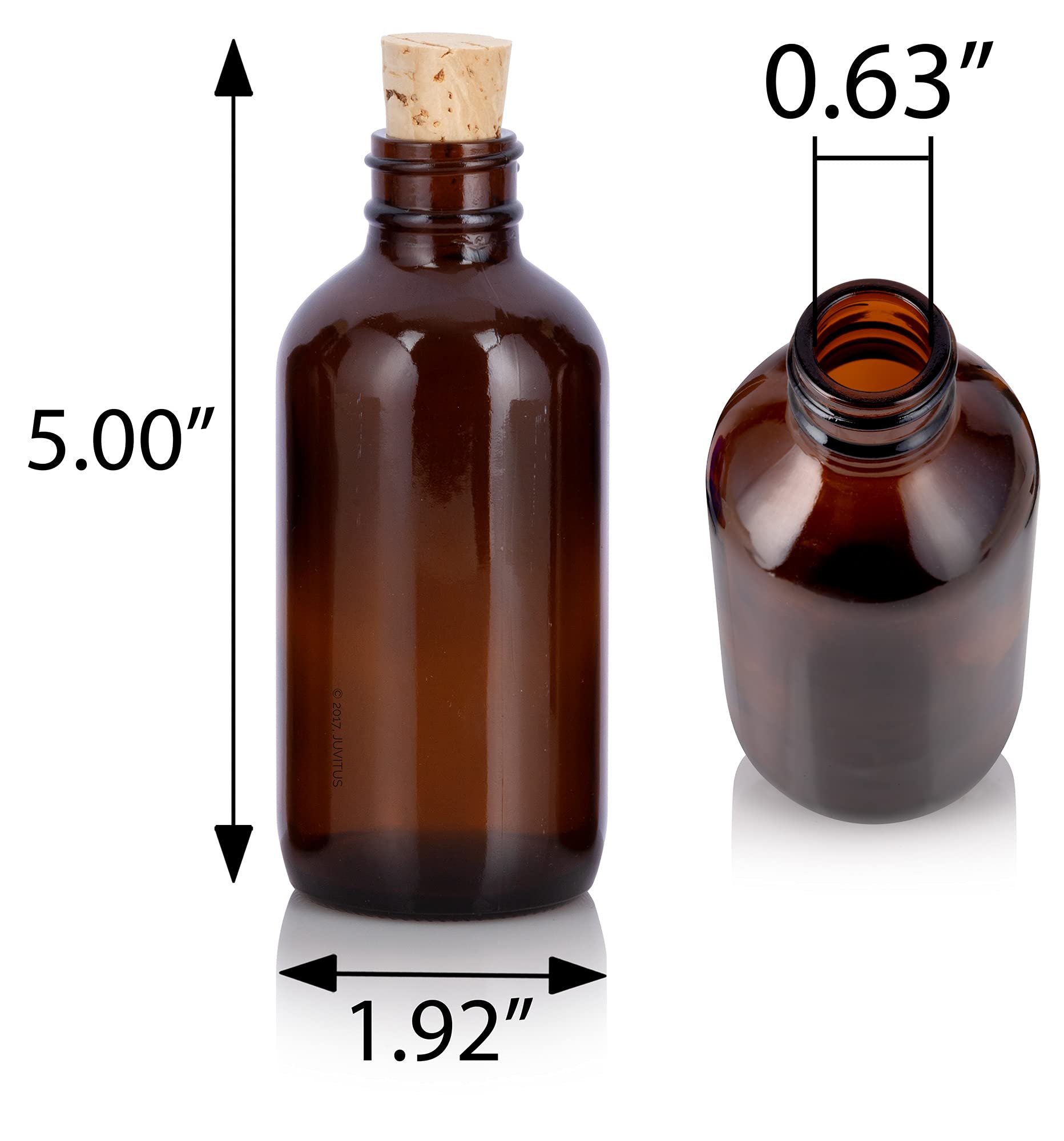 JUVITUS 4 oz (120 ml) Amber Glass Boston Round Bottles with Cork Stoppers & Funnel - 4 Pack Set for Essential Oils, DIY Beauty, and Home Brewing Storage