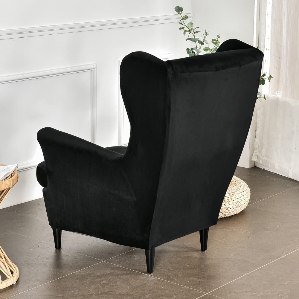 Velvet Wingback Chair Slipcover 2-Piece Set - Stretchable Spandex Fabric with Elastic Bottom - Printed Wing Chair Cover for Living Room, Study, or Bedroom - Black