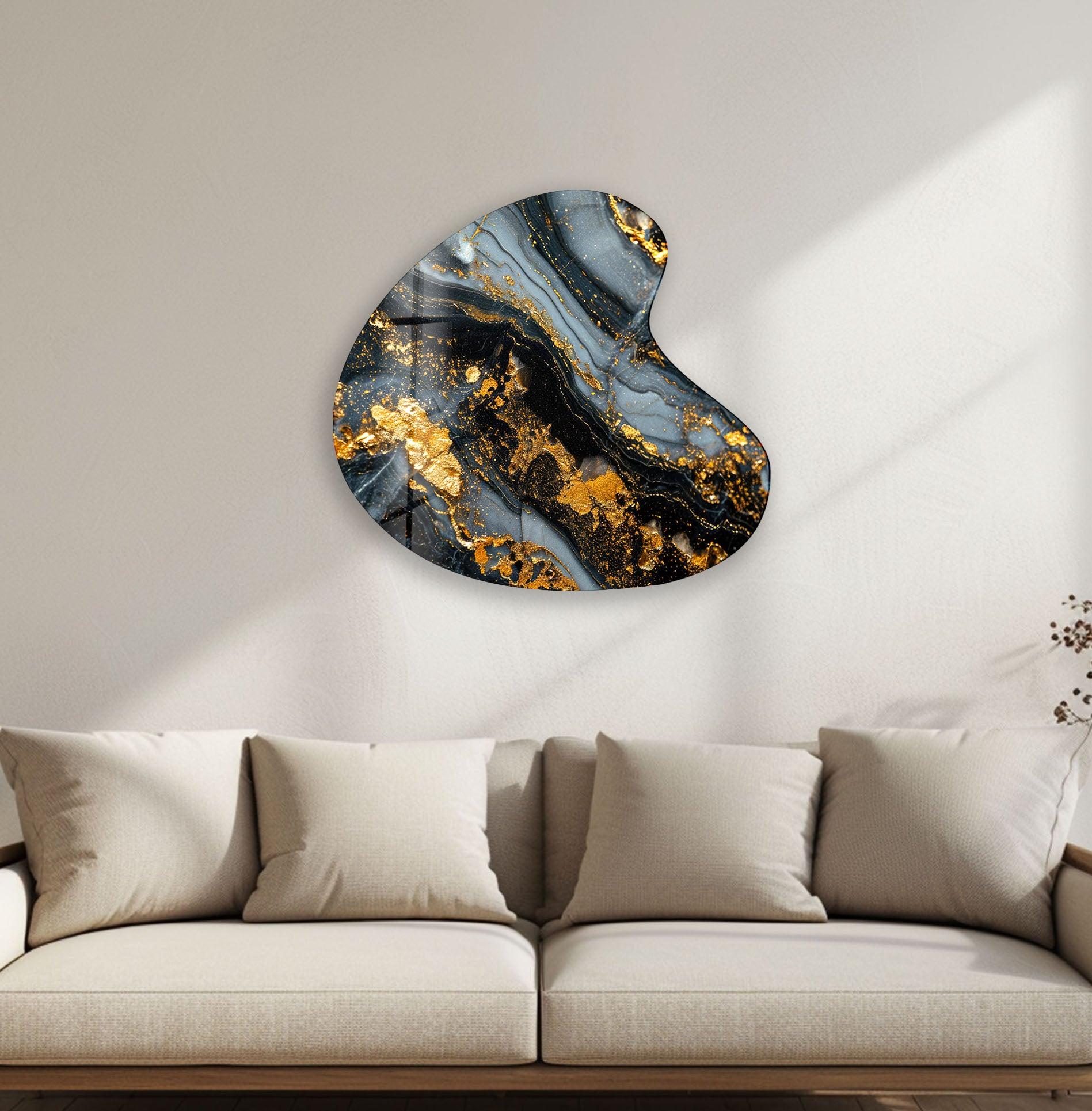 Black Marble Style Irregular Glass Wall Art - Modern Abstract Home Decor for Living Room, Bedroom & Office - Unique Handmade Glass Artwork for Wall Decoration