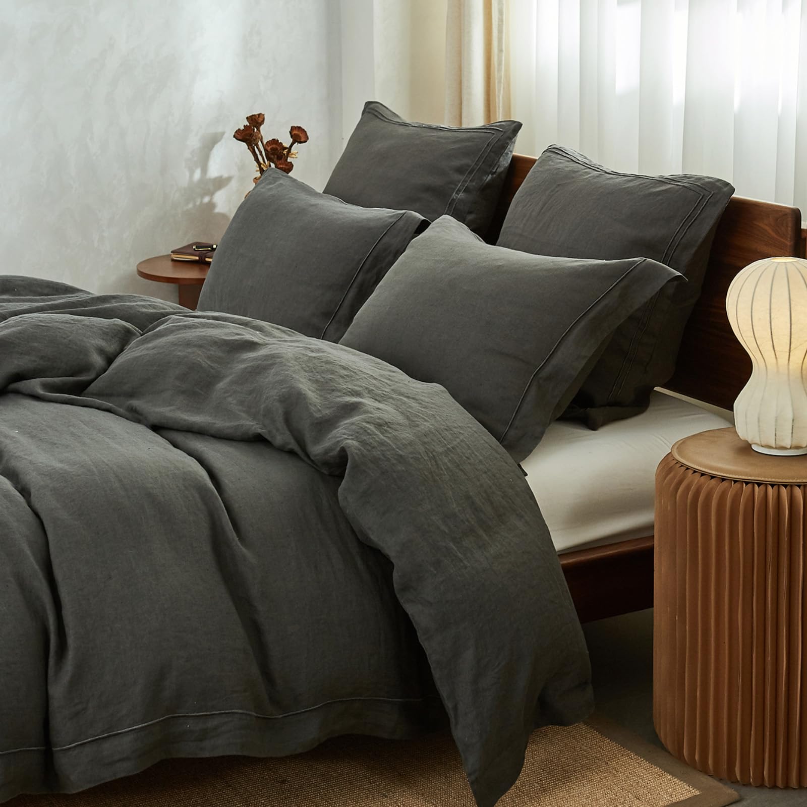 Simple & Opulence 100% Washed Linen Duvet Cover Set - Queen Size 88x92 Inches, 3-Piece Farmhouse Bedding with Embroidered Design & Button Closure (1 Duvet Cover + 2 Pillow Shams) in Charcoal Grey - Perfect for Cozy Bedrooms & Guest Room Decor