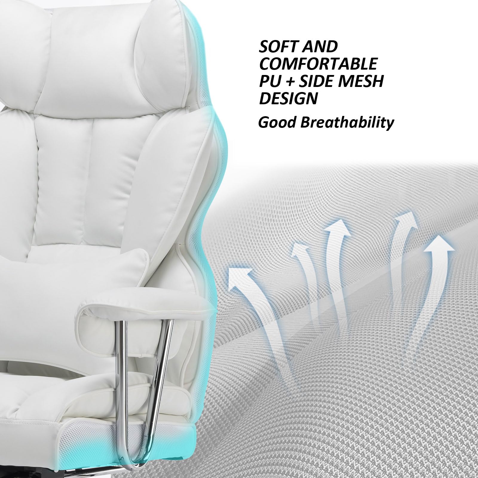 Efomao Big and Tall Office Chair 400lbs - Heavy Duty PU Leather Executive Chair with Adjustable Lumbar Support & Footrest - Ergonomic Computer Desk Chair for Home Office - Perfect for Long Work Hours & Gaming Sessions (White)