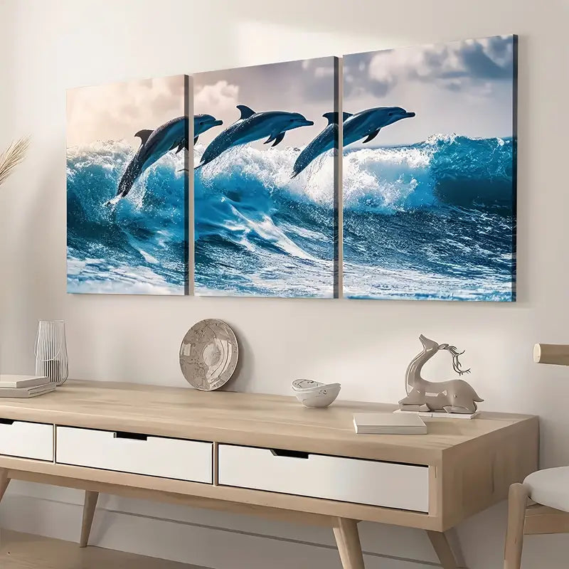 3-Piece Modern Ocean Wave Dolphin Animal Landscape Wall Art Set - Framed Canvas Prints 40x60cm - High Quality Australian Made - Ready to Hang - Perfect for Living Room, Bedroom & Office Decor