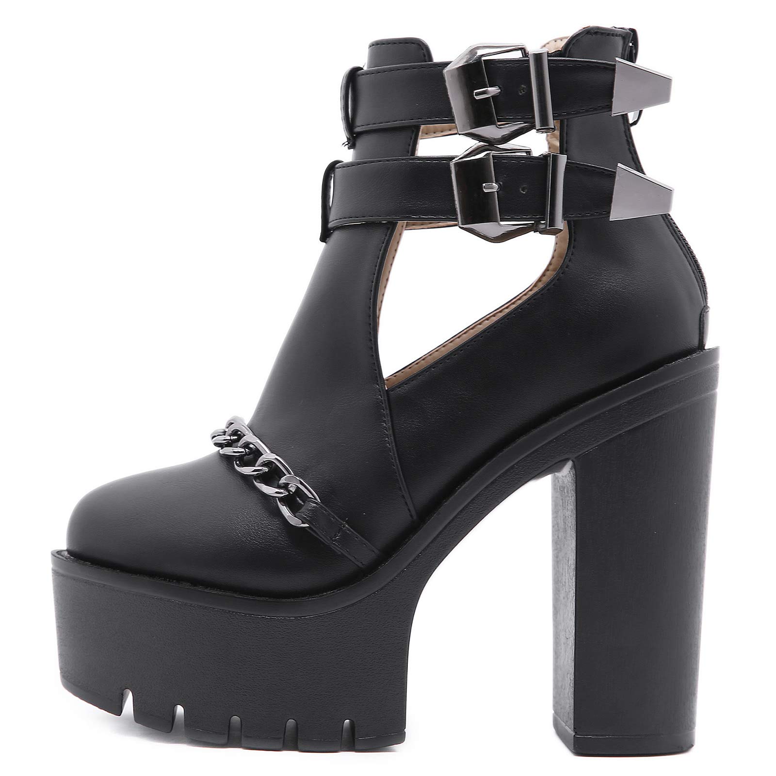 YIYA Women's Fashion Chunky Heel Ankle Boots with Chain Decor & Zip Closure - Platform Combat Goth Boots for Women | Perfect for Casual Outfits, Streetwear & Night Out
