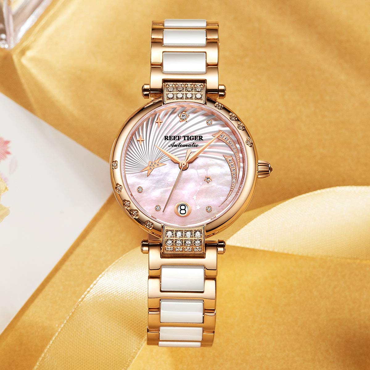 REEF TIGER Luxury Diamond Watch for Women - Automatic Movement, Shell Dial & Ceramic Band (Model RGA1592) | Perfect for Formal Events, Business Meetings & Special Occasions