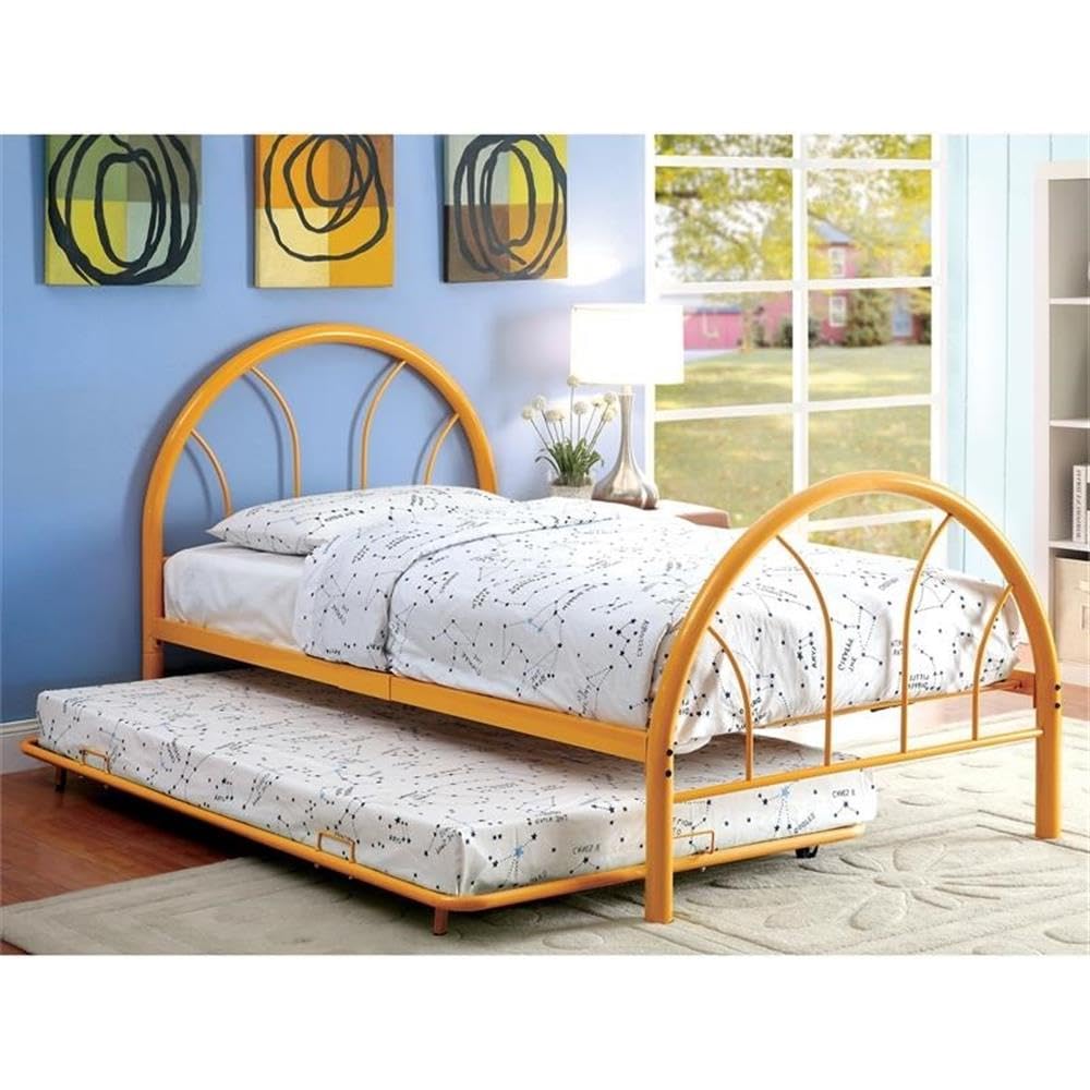 Roseberry Kids Modern Non-Recycled Steel Metal Platform Full Bed Frame - Orange Color Sturdy Durable Design for Children's Bedroom, Playroom or Guest Room