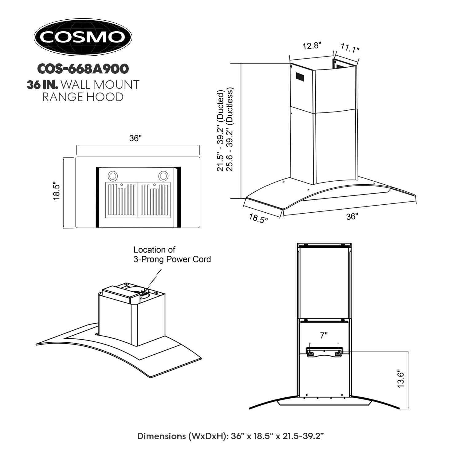 COSMO COS-668A900 36 Inch Stainless Steel Wall Mount Range Hood - 380 CFM Ducted Ventilation with LED Lights & Button Controls | Perfect for Modern Kitchens, Cooking Ventilation & Smoke Removal
