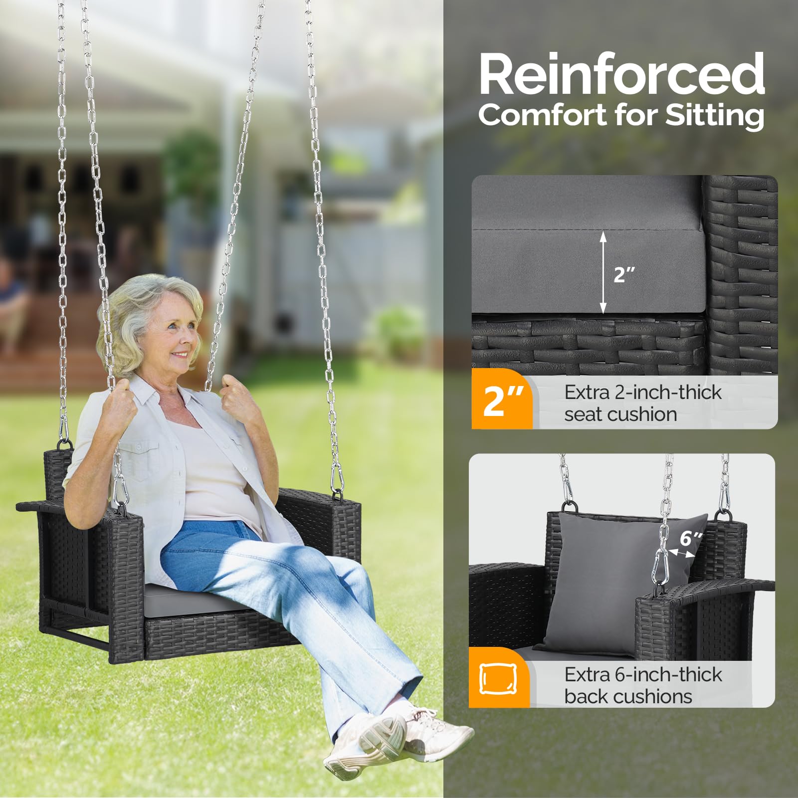 VINGLI 2.2 FT Outdoor Rattan Swing Chair with Cushions - 440 LB Weight Capacity, Adjustable Chains - Patio Wicker Bench for Garden, Yard, Lawn, Tree - Perfect for Relaxing on Porch, Backyard or Under Shade Trees (Black)