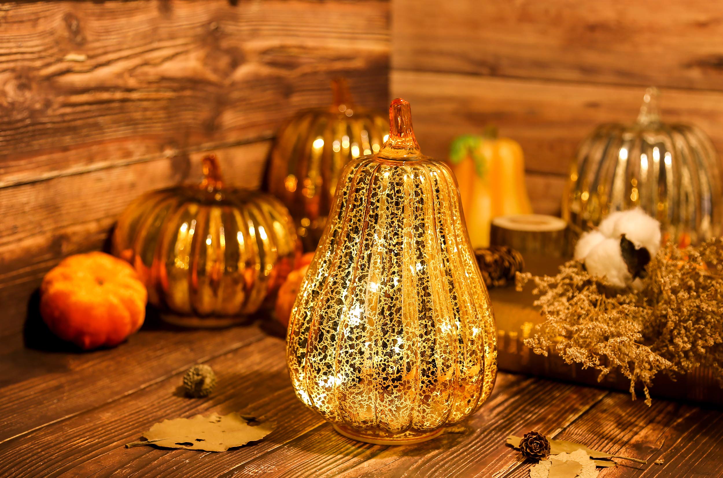Romingo Mercury Glass Pumpkin Light with Timer - Gold Halloween Decor, Fall & Thanksgiving Decoration (8.7 Inch) - Perfect for Porch, Mantel, and Tabletop Displays