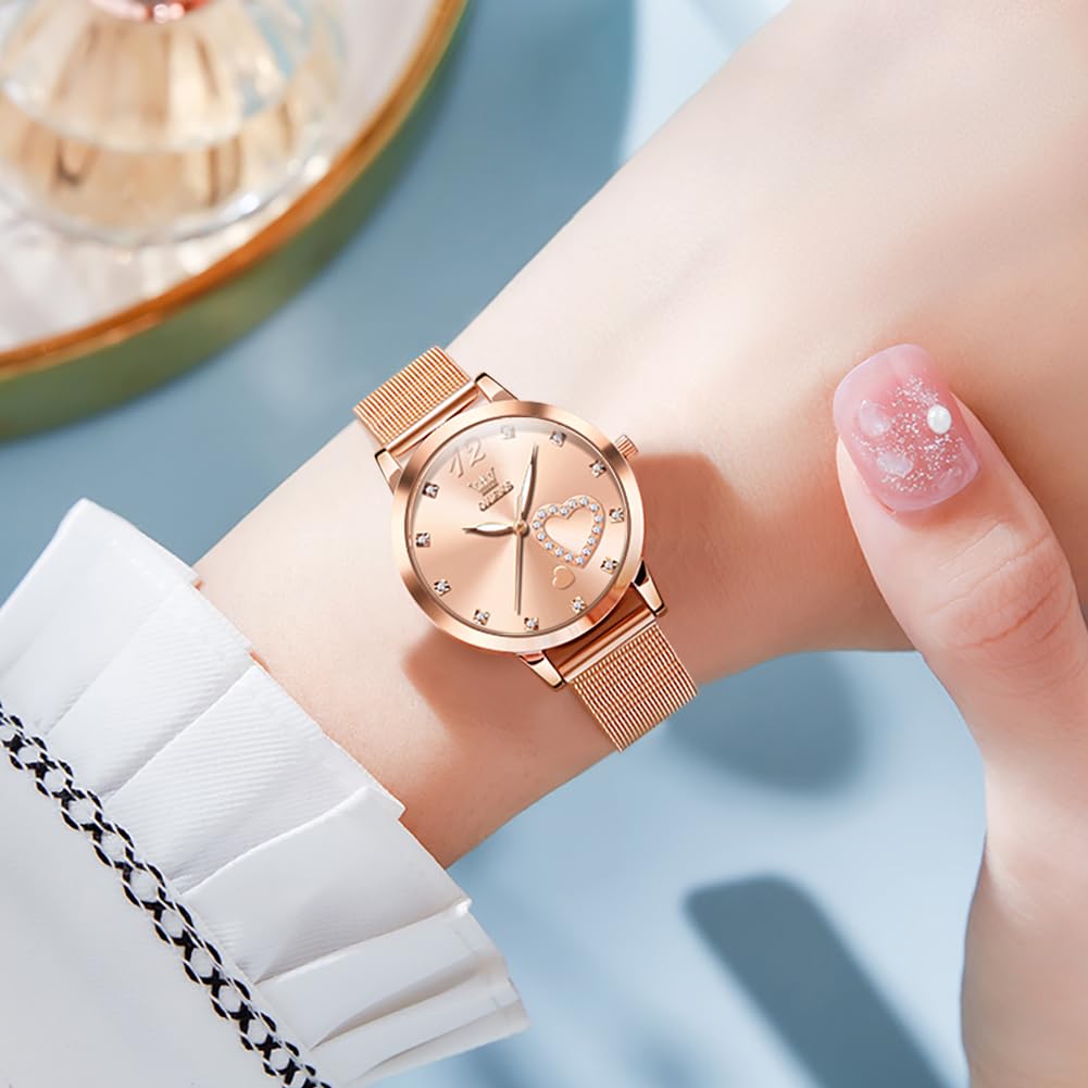 OLEVS Women's Rose Gold Minimalist Analog Quartz Watch with Bracelet Set - Slim Casual Dress Wristwatch, Waterproof Two-Tone for Ladies - Perfect for Everyday Wear, Office, and Special Occasions