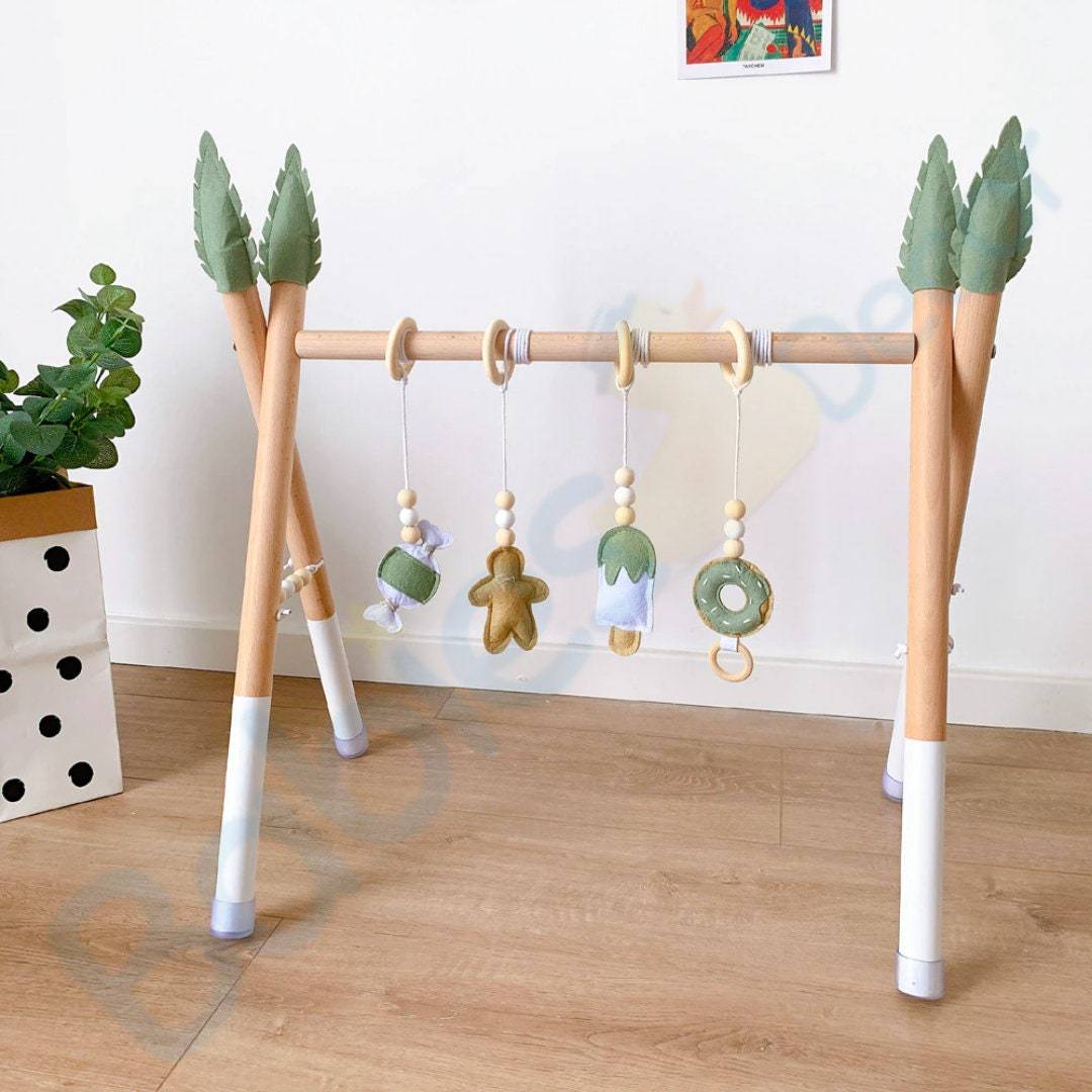 Baby Activity Play Gym with Wooden Frame - Soft Toys & Rattles for Newborns & Infants - Developmental Playmat for Tummy Time & Sensory Stimulation - Perfect for Nursery, Daycare & Home Playtime