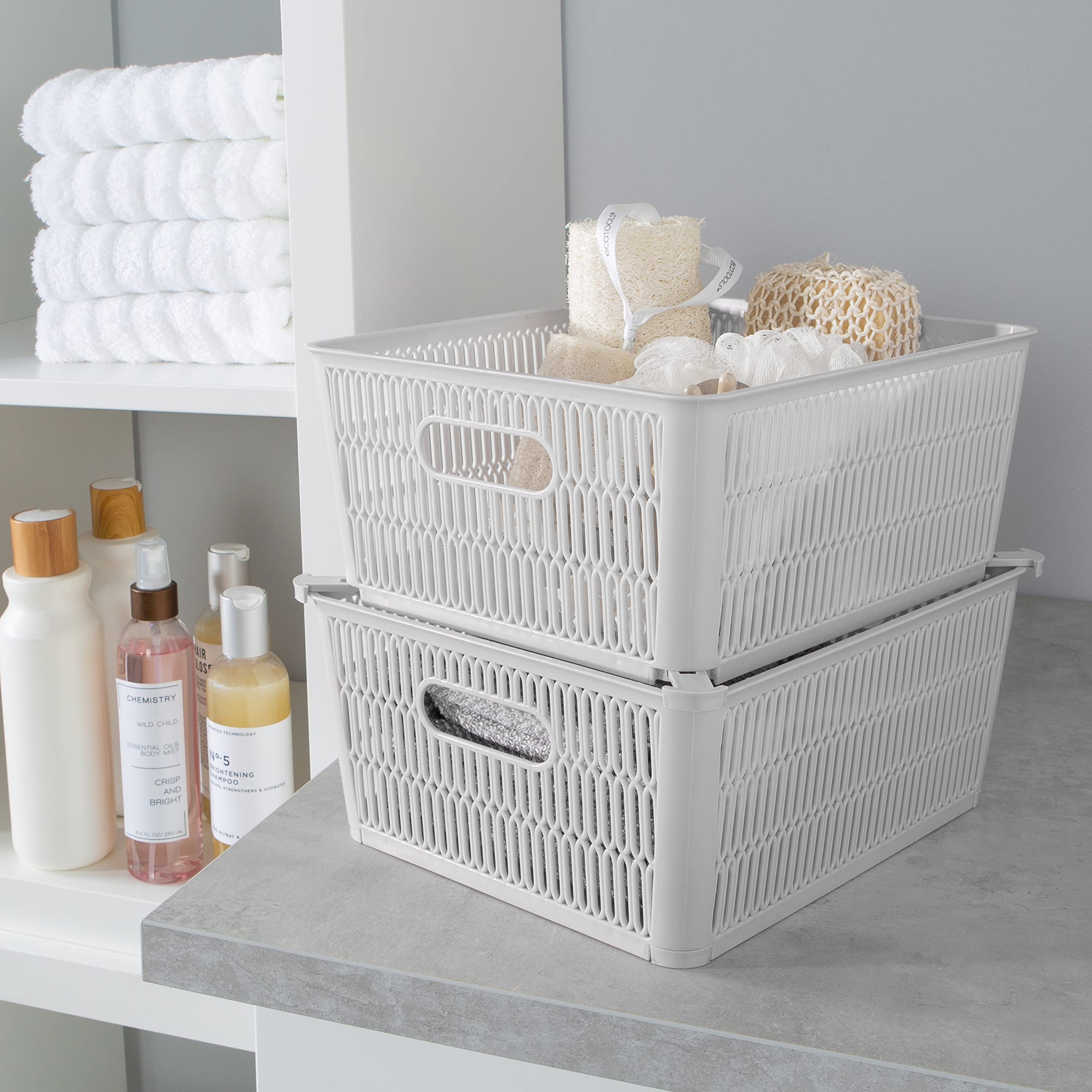 Simplify 4-Pack Large Slide & Stack It Tote Baskets - Grey Storage Bins with Stackable Design for Bathroom, Pantry, Office, Playroom & Craft Organization (KIT-25930-GREY-4PK) | Perfect for Home Storage & Clutter Control