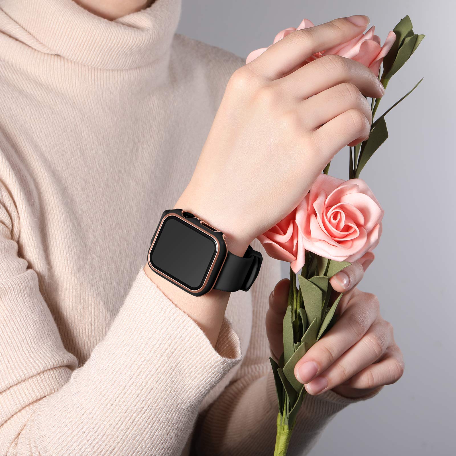 GEAK Protective Case for Apple Watch SE 44mm (Compatible with Series 6/5/4) - Black/Rose Gold Bumper Cover with Built-in Screen Protector | Durable PC Hard Case for Men & Women | Perfect for Workouts, Outdoor Activities & Everyday Use