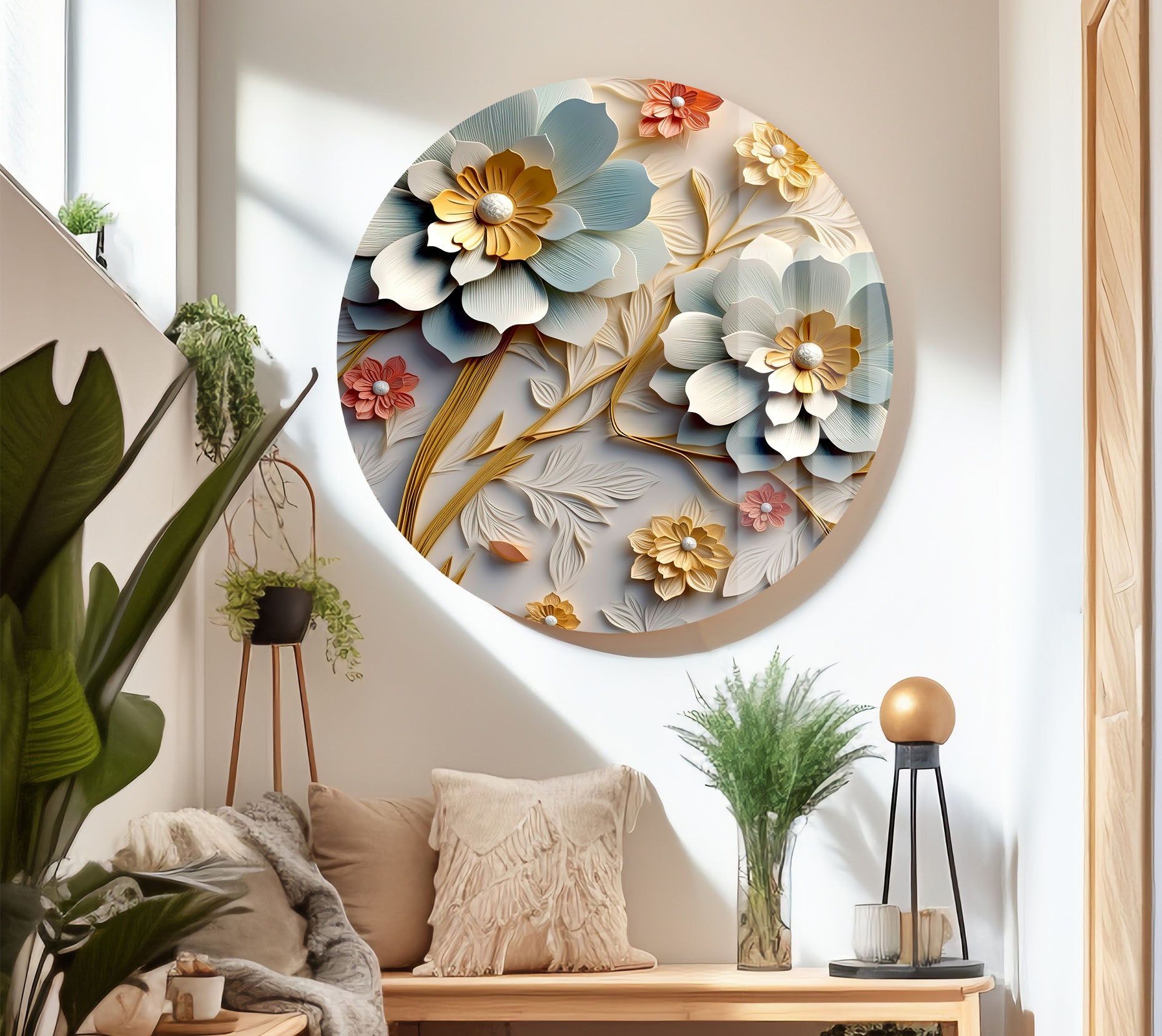 3D Blooming Flower Wall Art - Elegant Embossed Glass Floral Print for Home Decor, Living Room, Bedroom, Office | Modern Botanical Wall Decor for Interior Design