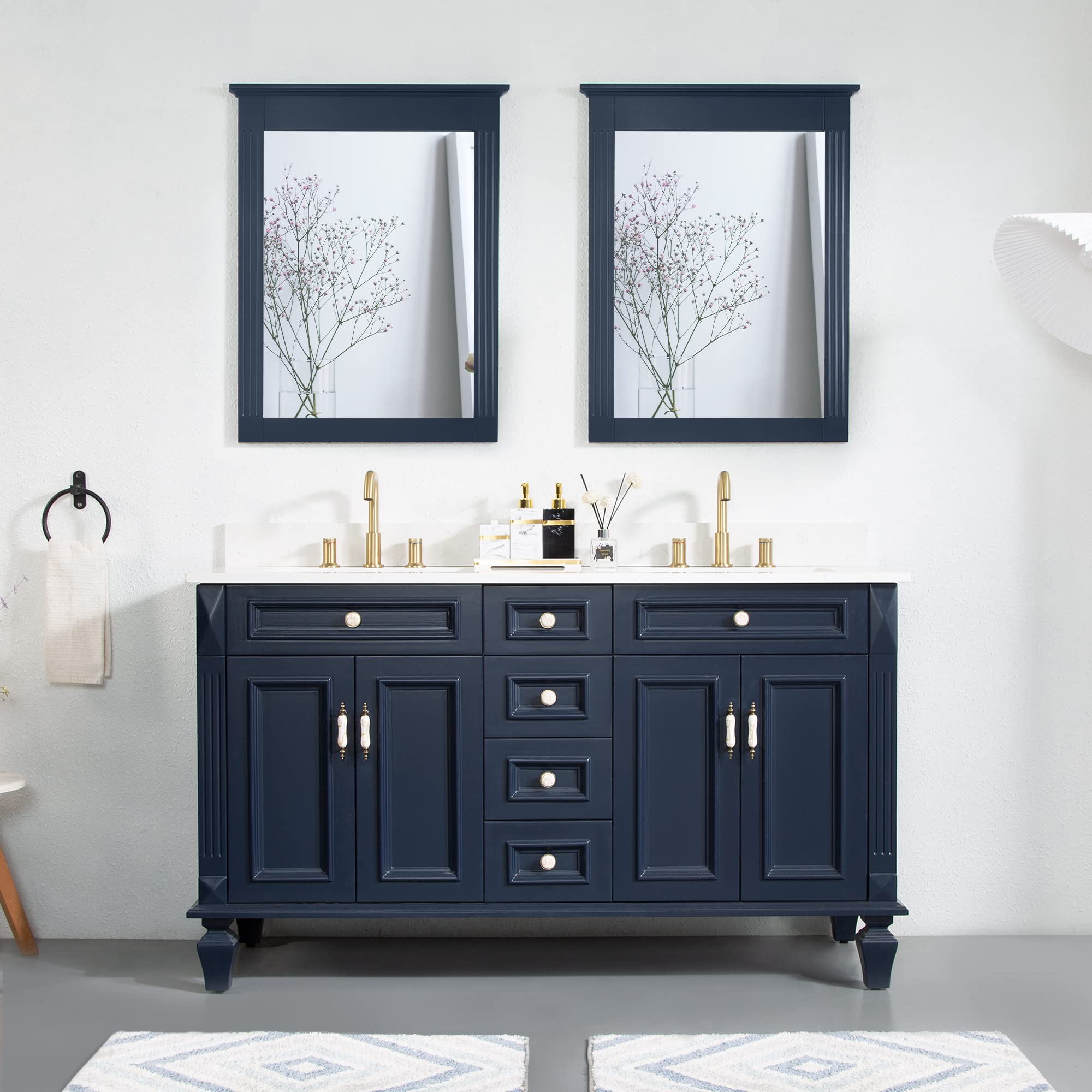 WELLFOR 60 Inch Double Sink Bathroom Vanity Set with Anti-Fog Mirrors, Wood Cabinet with Doors & Drawers, Navy Blue Freestanding Vanity with Quartz Countertop - Perfect for Master Bathroom, Guest Bath & Powder Room Renovations