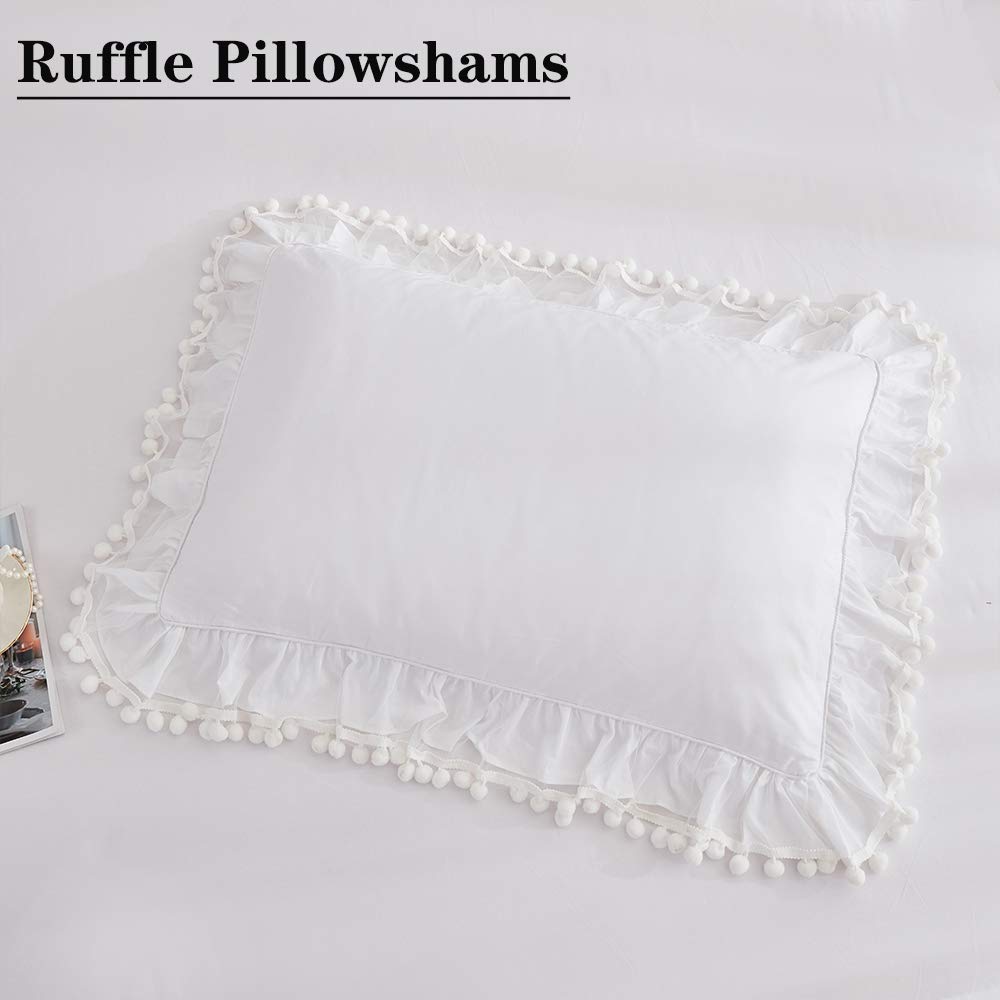 Premium 100% Cotton 600 Thread Count California King Sheet Set - Elegant White Pom Pom Ruffle Design with 17.5