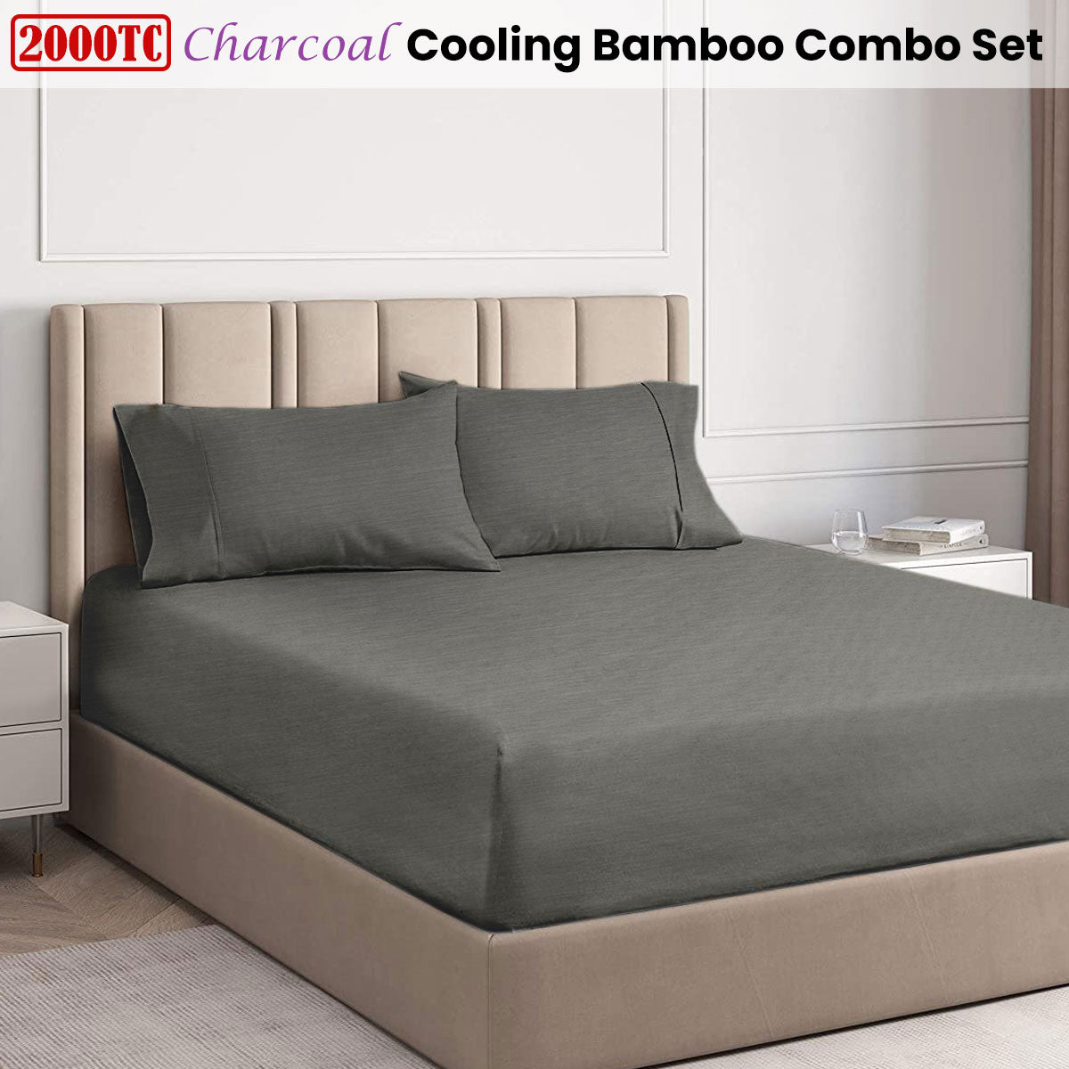 Premium 2000TC Charcoal Cooling Bamboo Sheet Set - King Size | Breathable & Temperature Regulating Bedding for Hot Sleepers | Perfect for Summer Nights & Warm Climates