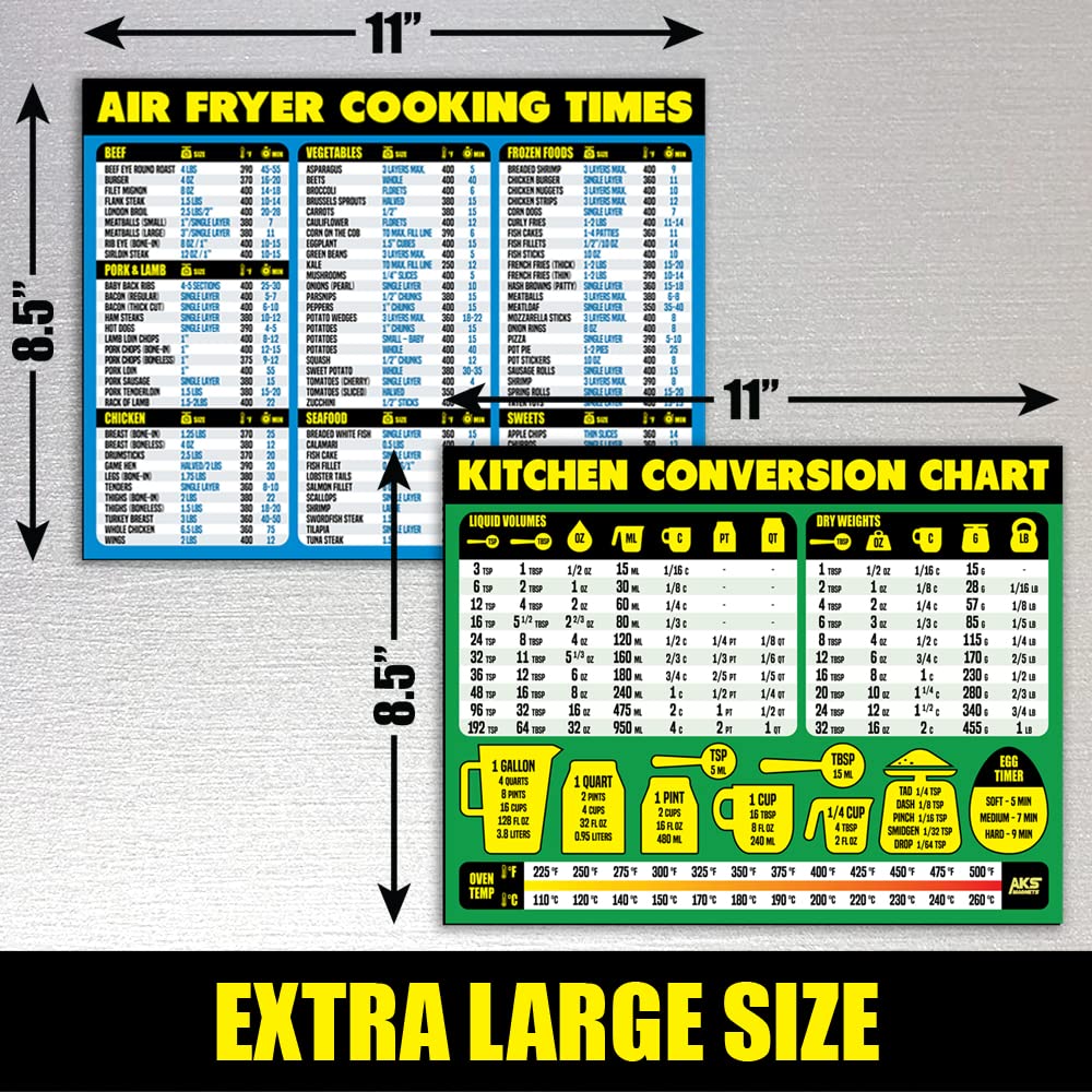 Air Fryer Cooking Times & Kitchen Conversion Chart Magnet Bundle - XL Easy Read Reference Guide for Air Frying, Baking & Recipe Conversions - Perfect for Home Chefs & Meal Prep