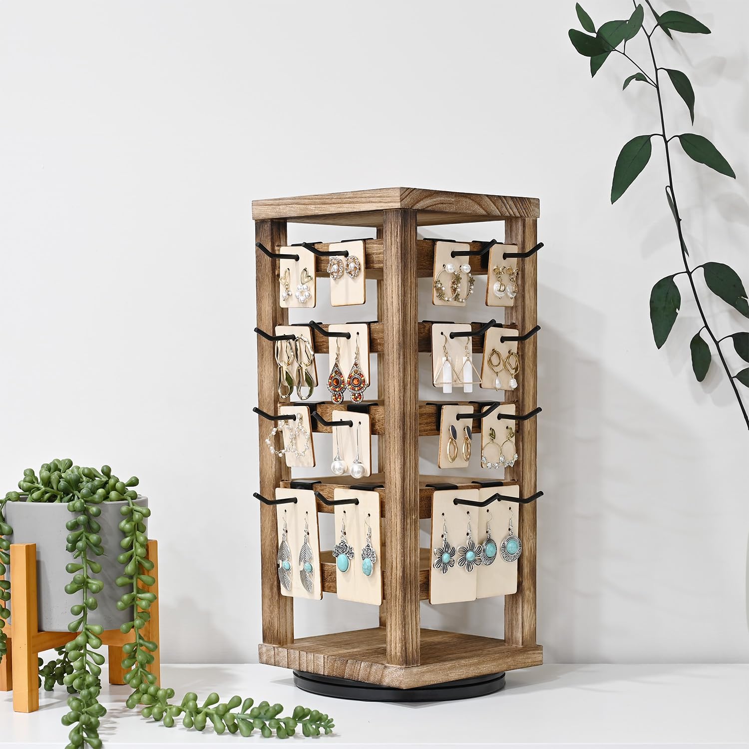 Ikee Design Wood Rotating Jewelry Display Stand with 42 Removable Hooks - 5-Tier Earring Organizer in Oak Finish for Boutique, Home & Retail Store Display