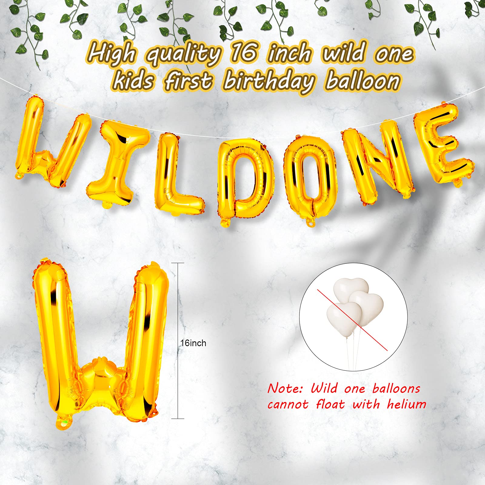 Wild One 16 Inch Happy Birthday Balloons Set with Banner, Decorations & 12-Piece Artificial Ivy Garland for Party Decor - Perfect for Birthday Celebrations, Baby Showers & Home Decor