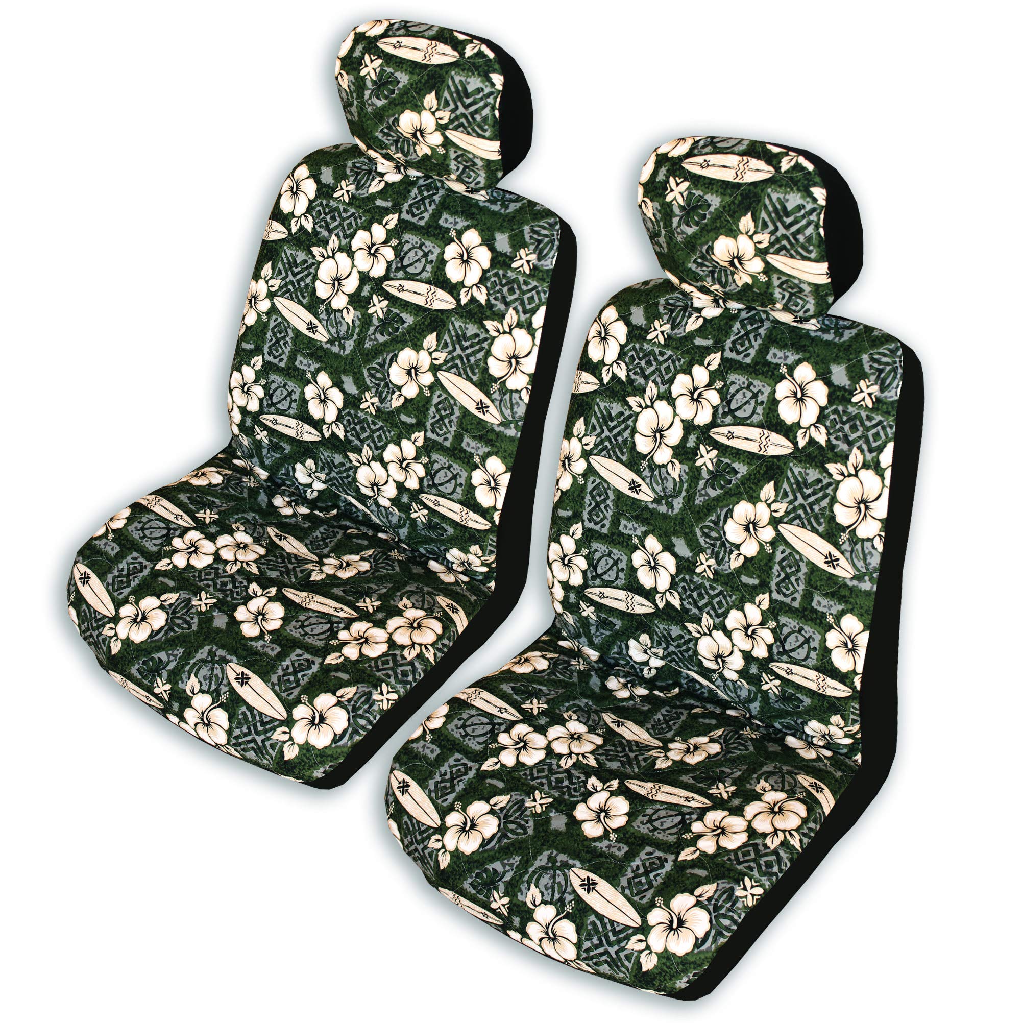 Hawaiian Car Seat Covers with Headrest Covers - 2-Piece Set in Hibiscus Surf Green, Double Armrest Custom Fit - Perfect for Beach Trips, Summer Road Travel & Tropical Car Interior Decor