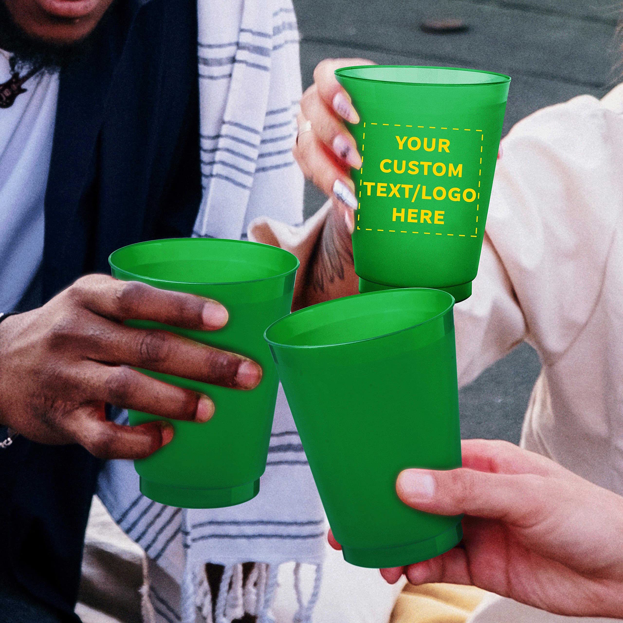 Custom Printed 16 oz Frosted Plastic Stadium Cups - 50 Pack, Shatterproof & Reusable with Promotional Text/Logo - Perfect for Parties, Tailgating, and Outdoor Events (Green)