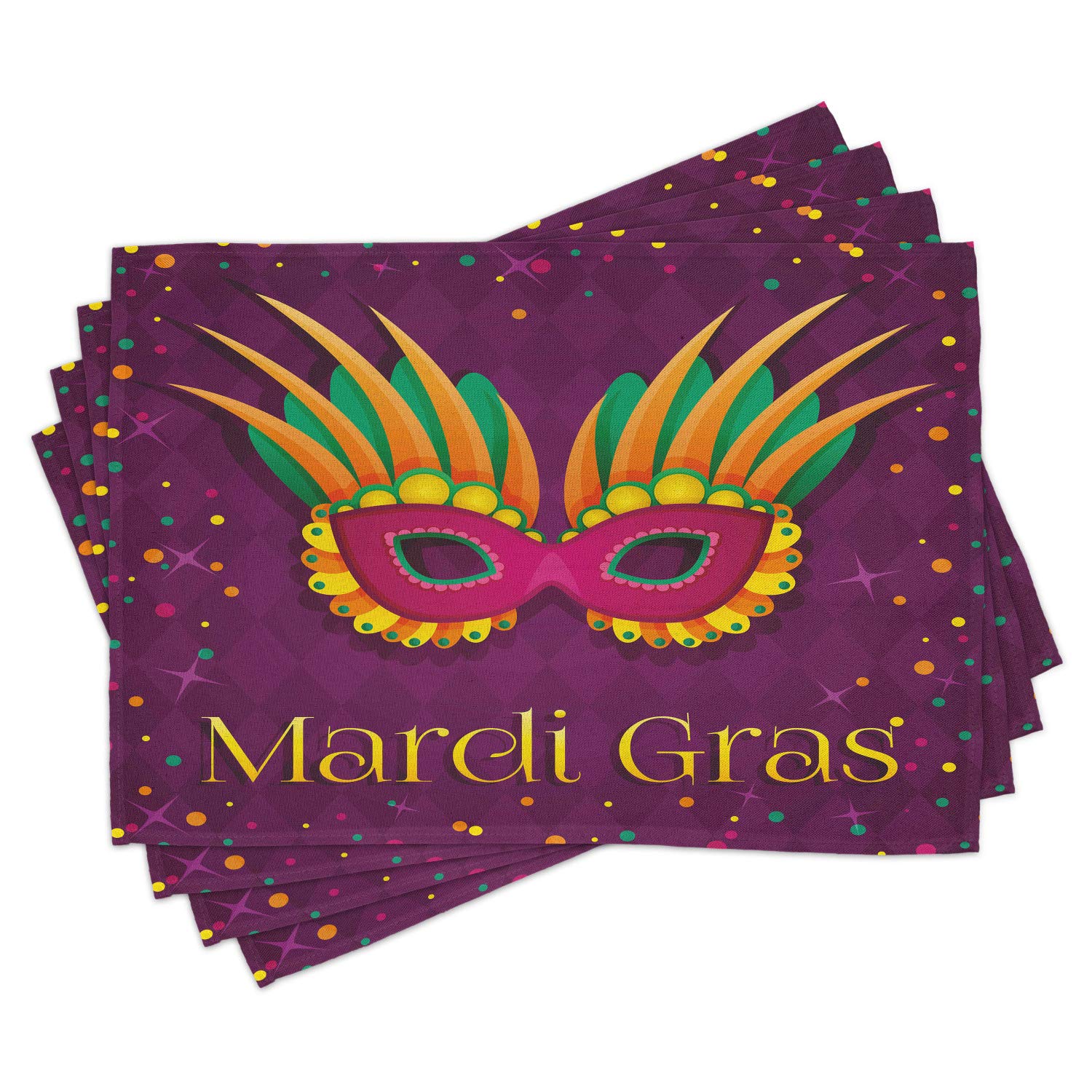Ambesonne Mardi Gras Place Mats Set of 4 - Vibrant Festival Design with Stars & Colorful Dots on Purple Backdrop | Washable Fabric Dining Table Mats | Standard Size (Purple & Green) | Perfect for Parties, Holidays & Festive Home Decor
