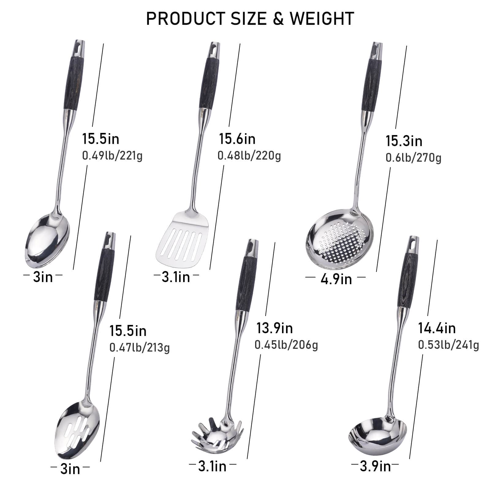 Premium 18/10 Stainless Steel Kitchen Utensil Set with Wooden Handles - 6-Piece Cooking Tools Including Slotted Spoon, Solid Spoon, Turner, Skimmer, Soup Ladle & Pasta Spoon (15