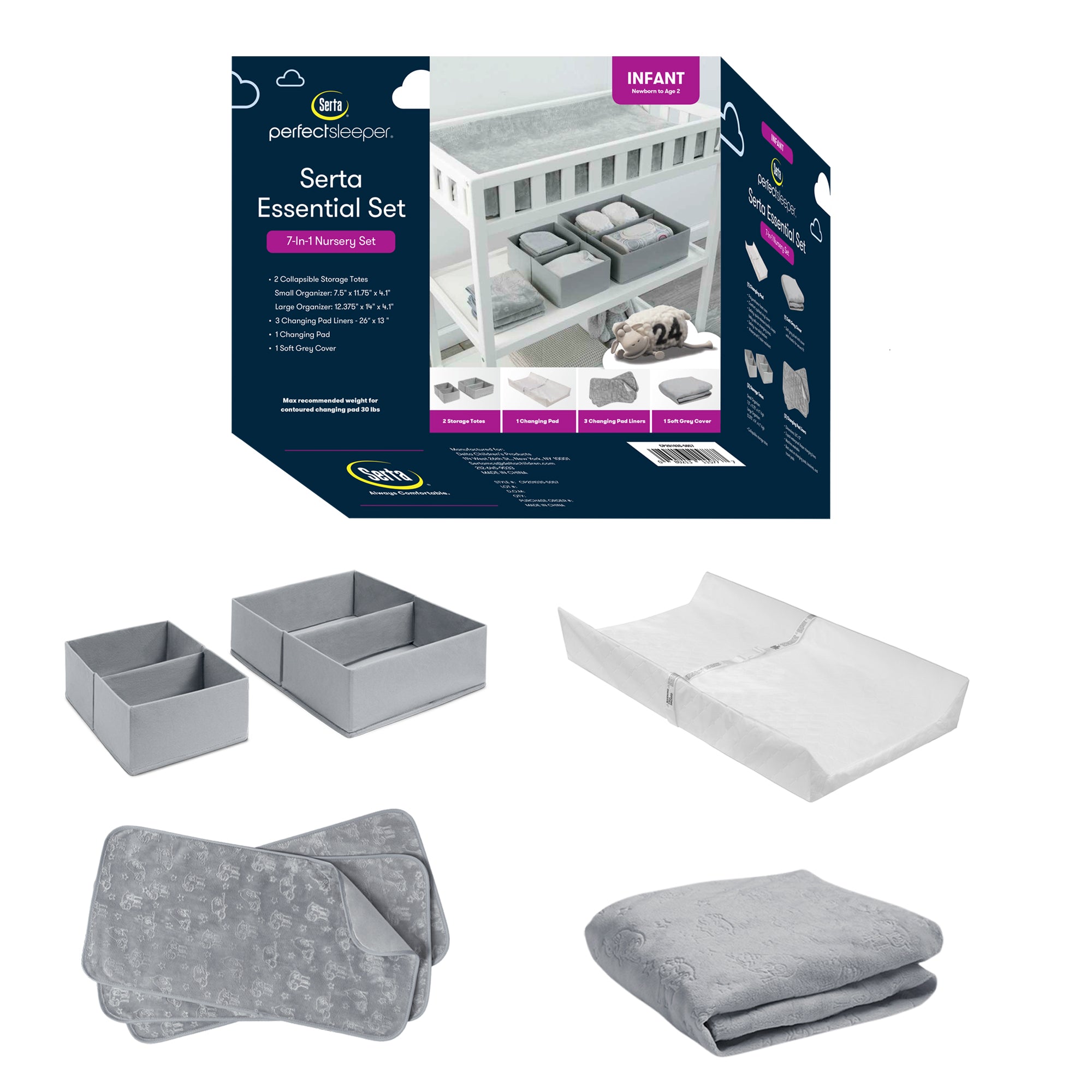 7-Piece Essential Baby Changing Table Set for Newborns – Soft Changing Pad, Plush Cover, 3 Liners & 2 Storage Bins – Perfect Baby Shower Gift for Boys & Girls – Ideal for Nursery Organization & Diaper Changes