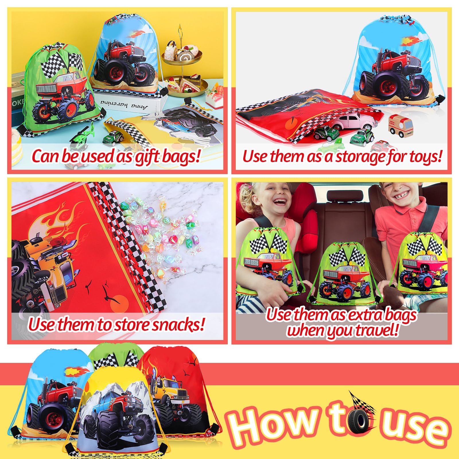 Tondiamo 16-Pack Racing Truck Drawstring Gift Bags - Kids Birthday Party Decorations, Candy Treat Bags for Themed Parties, Baby Showers & School Events
