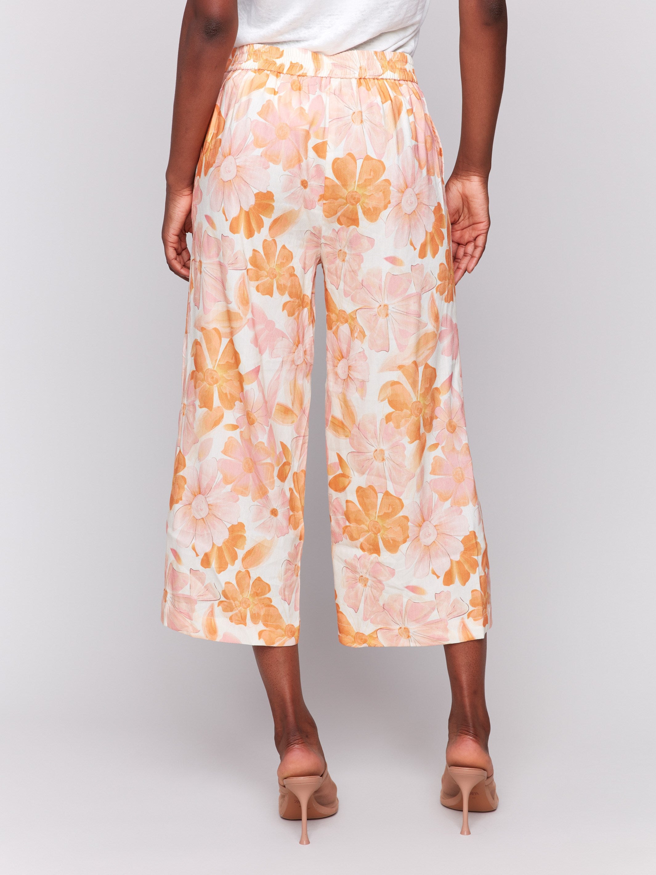 Printed Linen Blend Cropped Pull On Pants - Comfortable High Waisted Casual Pants for Women | Perfect for Summer, Beach, Travel & Lounge Wear