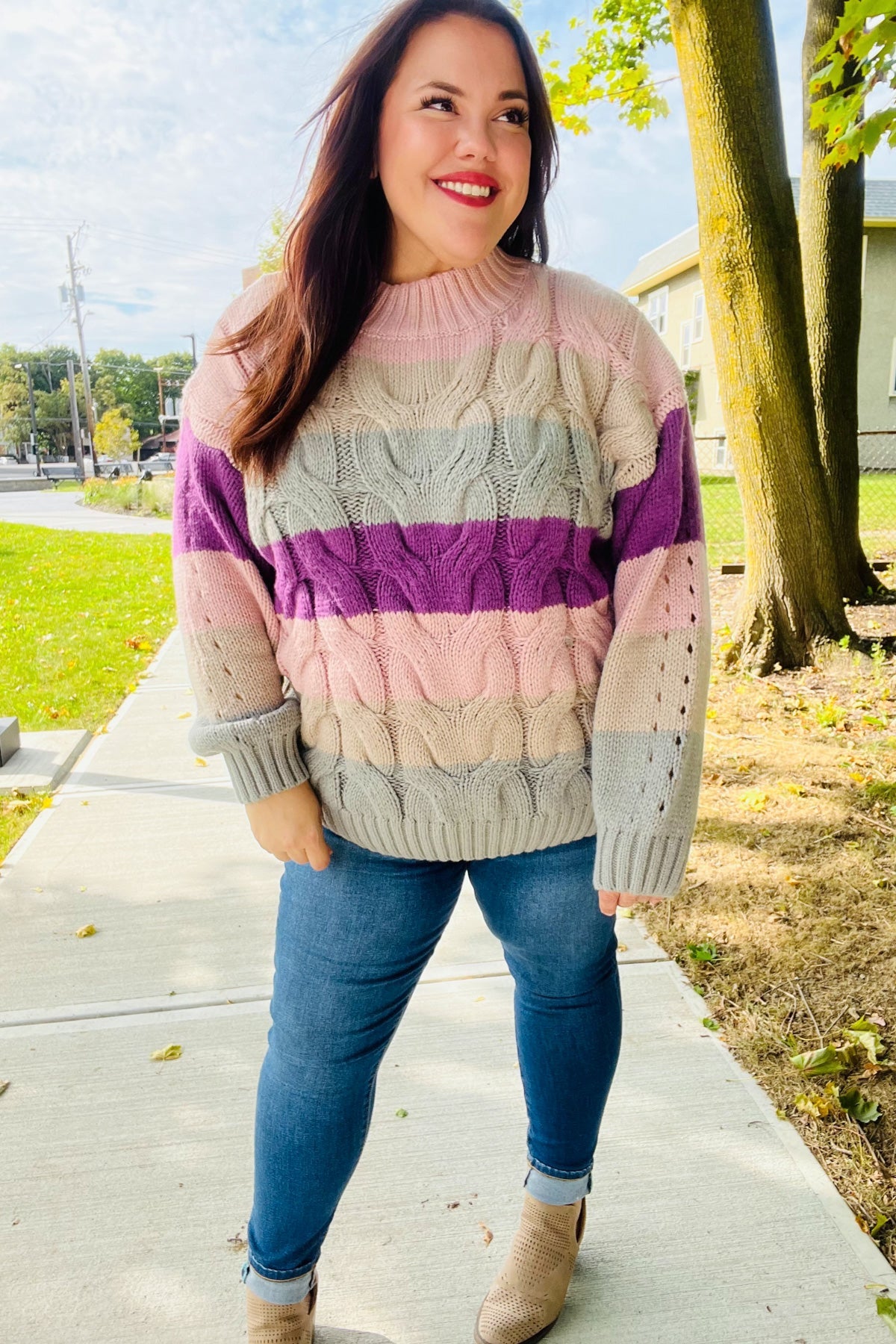 Fall For You Mauve Multicolor Stripe Cable Knit Mock Neck Sweater | Women's Cozy Winter Pullover | Perfect for Christmas, Holiday Parties & Casual Outings