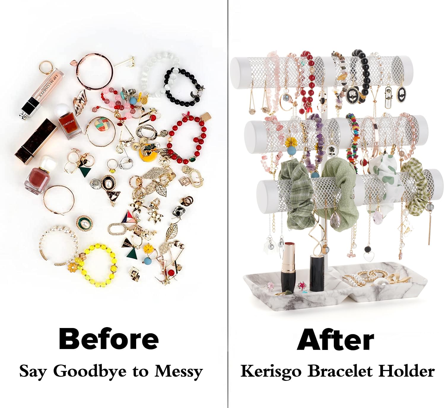 3-Tier Bracelet Holder & Jewelry Organizer Stand - Display Bracelets, Earrings, Necklaces, Watches & Scrunchies with Porcelain Ring Tray - Perfect Gift for Women - Ideal for Bedroom, Vanity & Boutique Displays