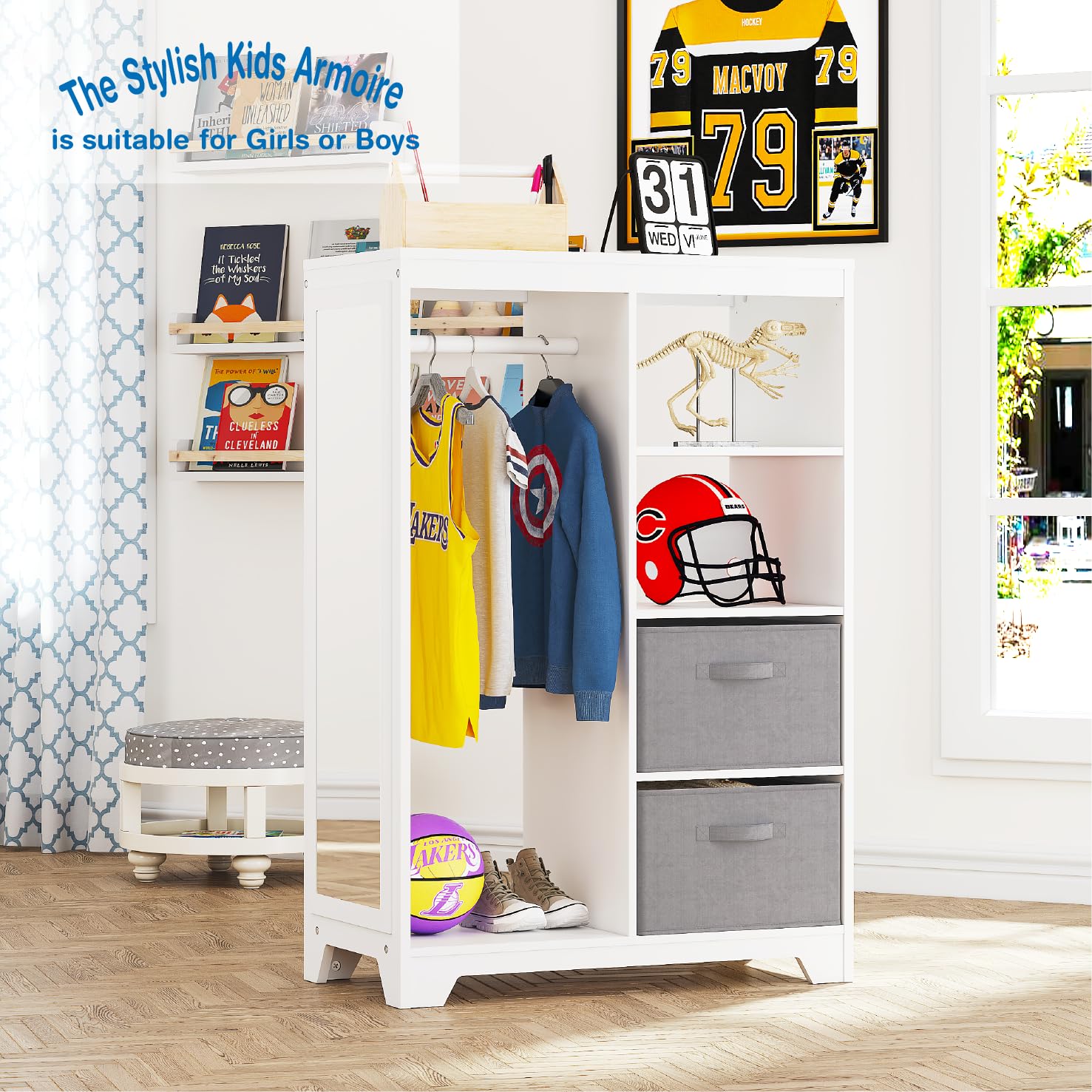 UTEX Kids Dress Up Storage with Full Length Mirror - Kids Armoire with 2 Storage Bins & Hanging Costume Closet - Pretend Play Wardrobe Dresser for Girls & Boys Bedroom - Perfect for Toy Organization & Dress-Up Playtime