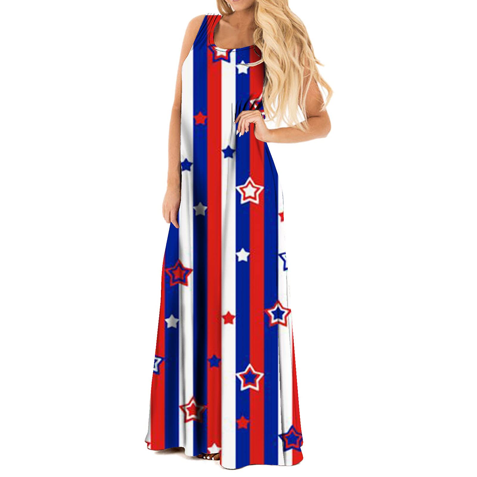 FlekmanArt Women's 4th of July Sexy Sleeveless Dress - Casual Loose Fit Round Neck Beach Dress, Summer Floral Print Maxi Dress for Independence Day Party, Vacation & Beach Outings