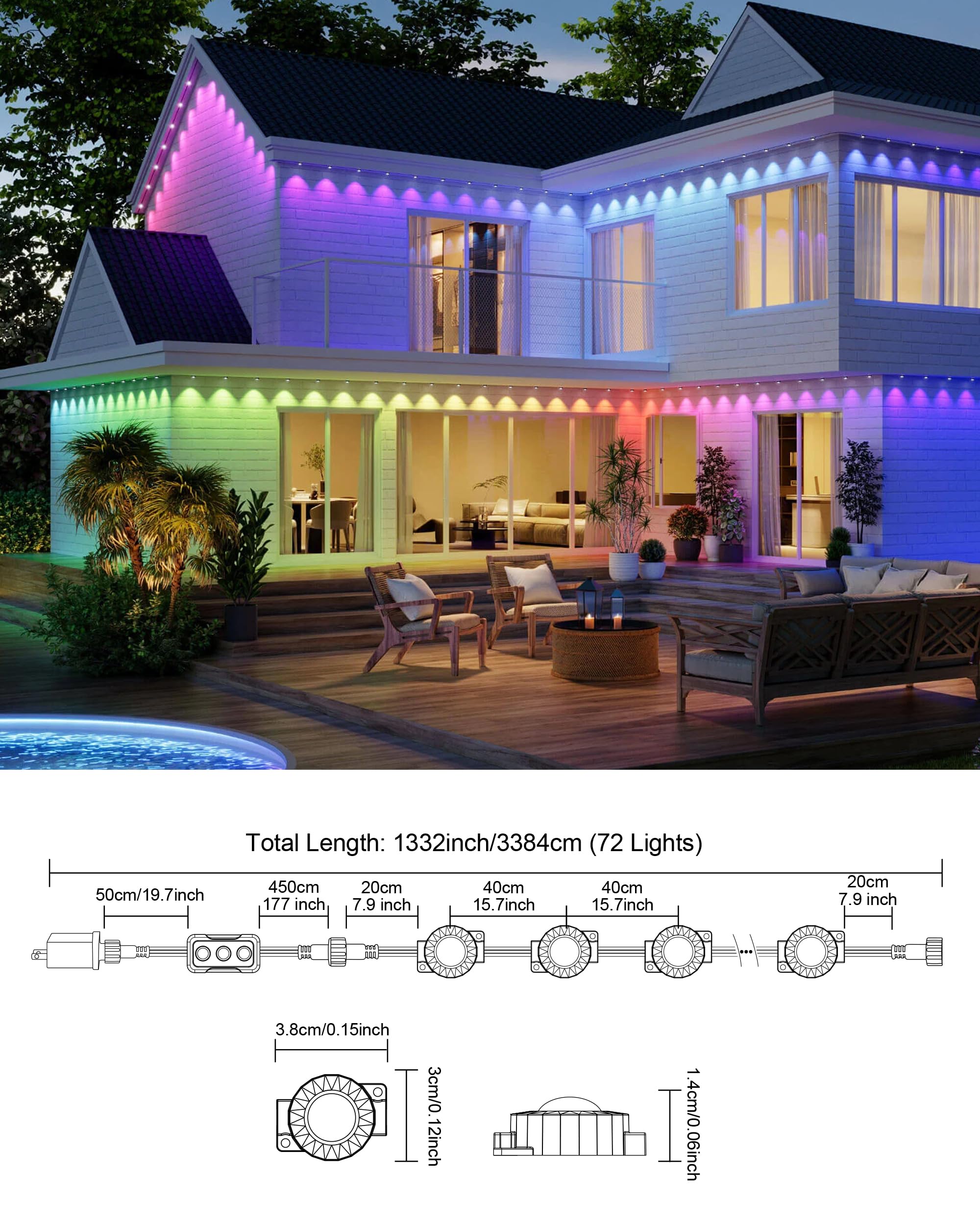 Smart LED Permanent Outdoor Lights - 111ft 72 RGB LEDs with App Control, DIY Scene Modes, IP65 Waterproof for Christmas, Holiday & Year-Round Decor - Perfect for Roofline, Garden, House Parties & Outdoor Events
