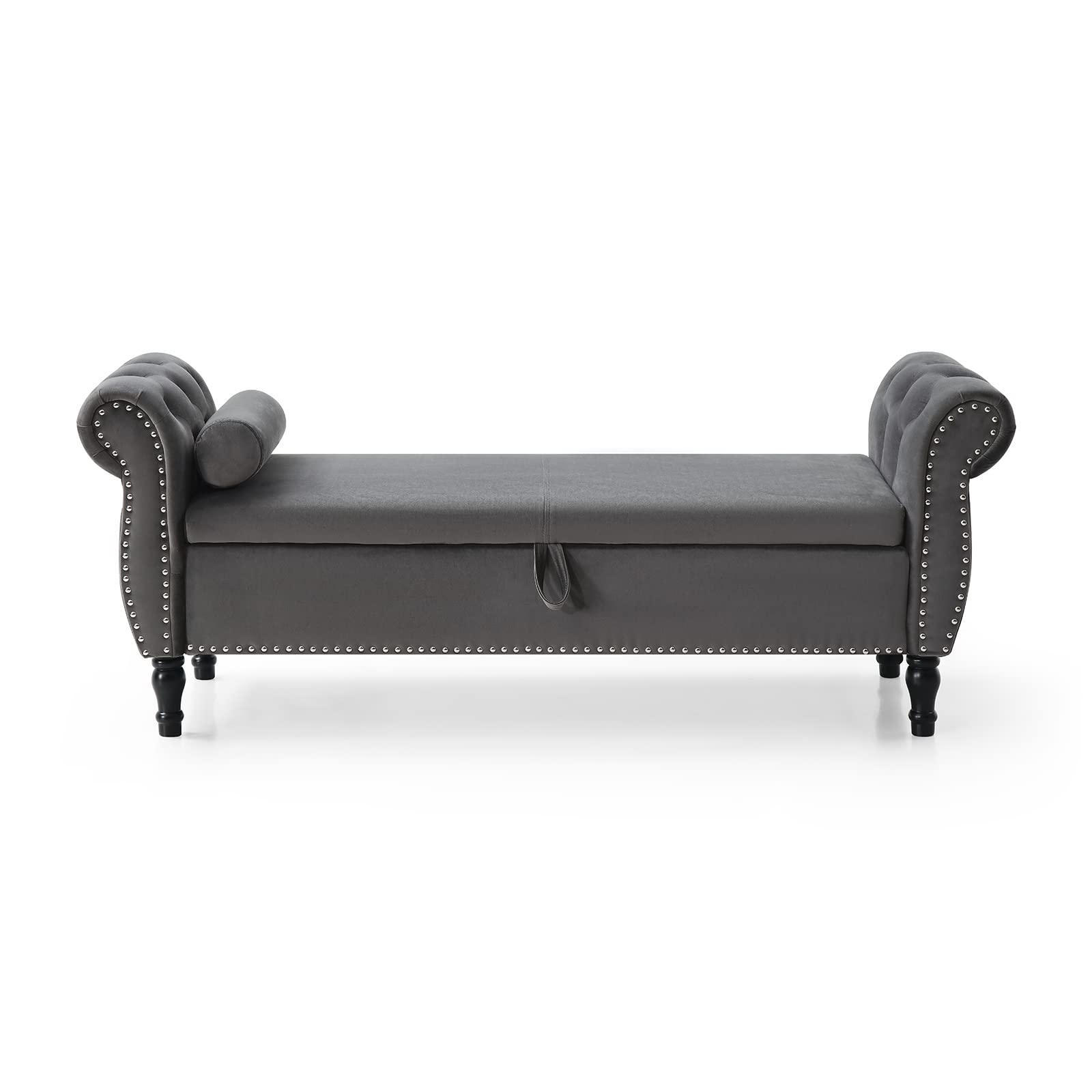 Polibi Velvet Upholstered Storage Bench with Rolled Arms & Button Tufted Design - Long Ottoman for Bedroom, Living Room & Window Seat - Grey - Perfect for Extra Seating, Storage & Home Decor